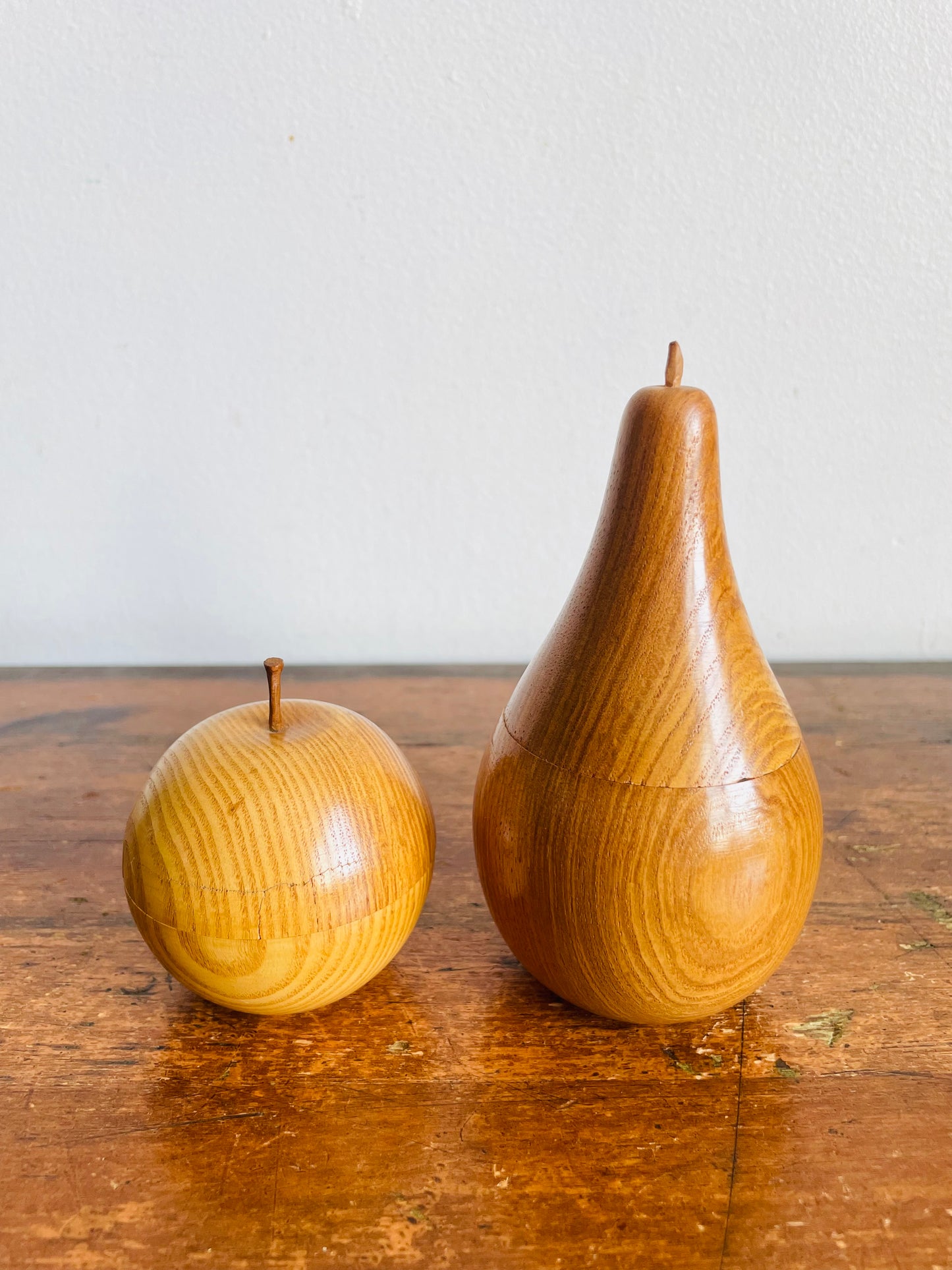 Vintage Carved Wood Pear & Apple Lidded Box Containers - Open Up / Hollow Inside - Set of 2