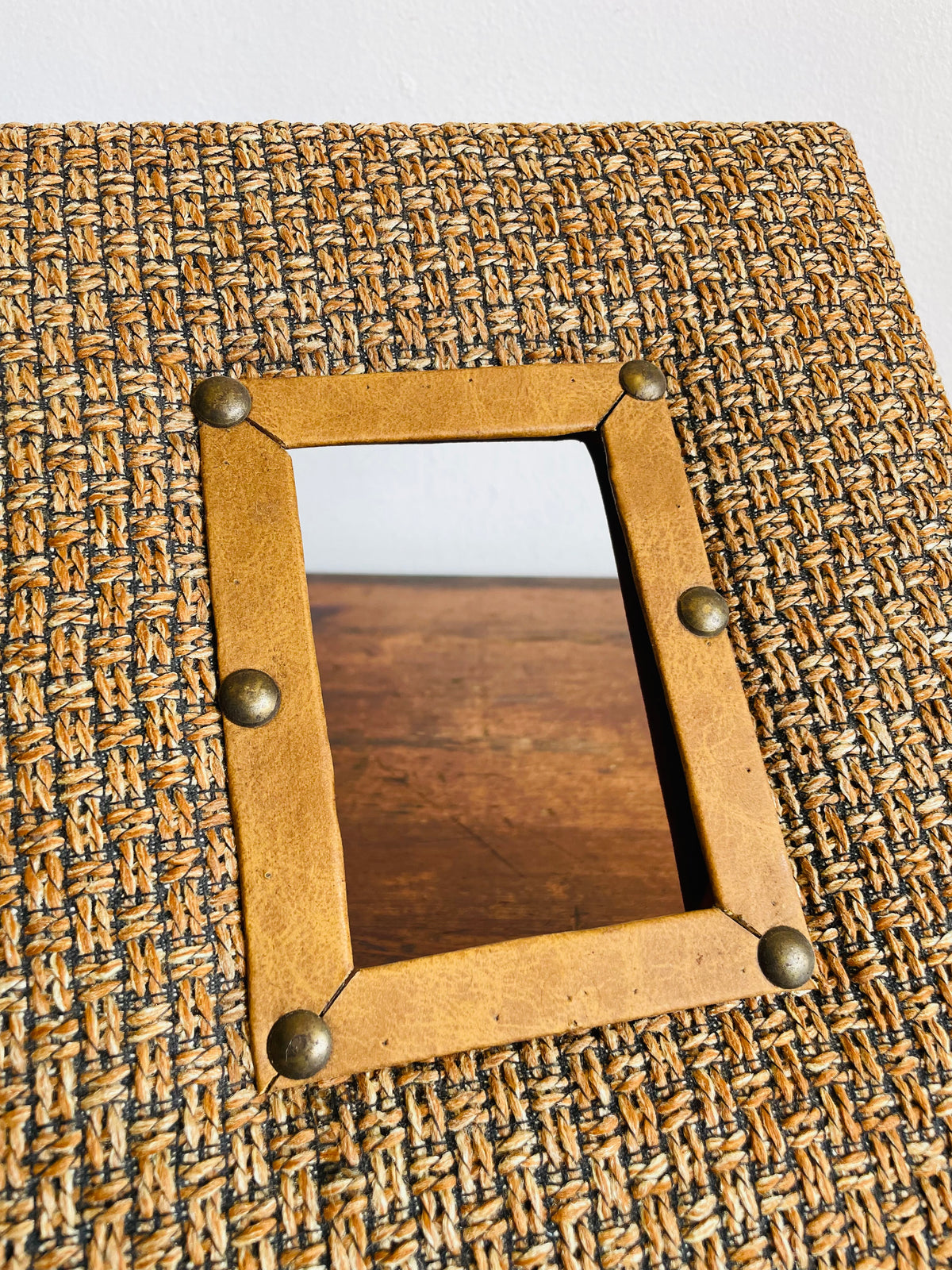 Vintage Unique Hanging Picture Frame with Earthy Brown Tones - Woven Textured Fabric, Leather & Brass Rivets with Aged Patina - 2.75" x 4" Photo Size