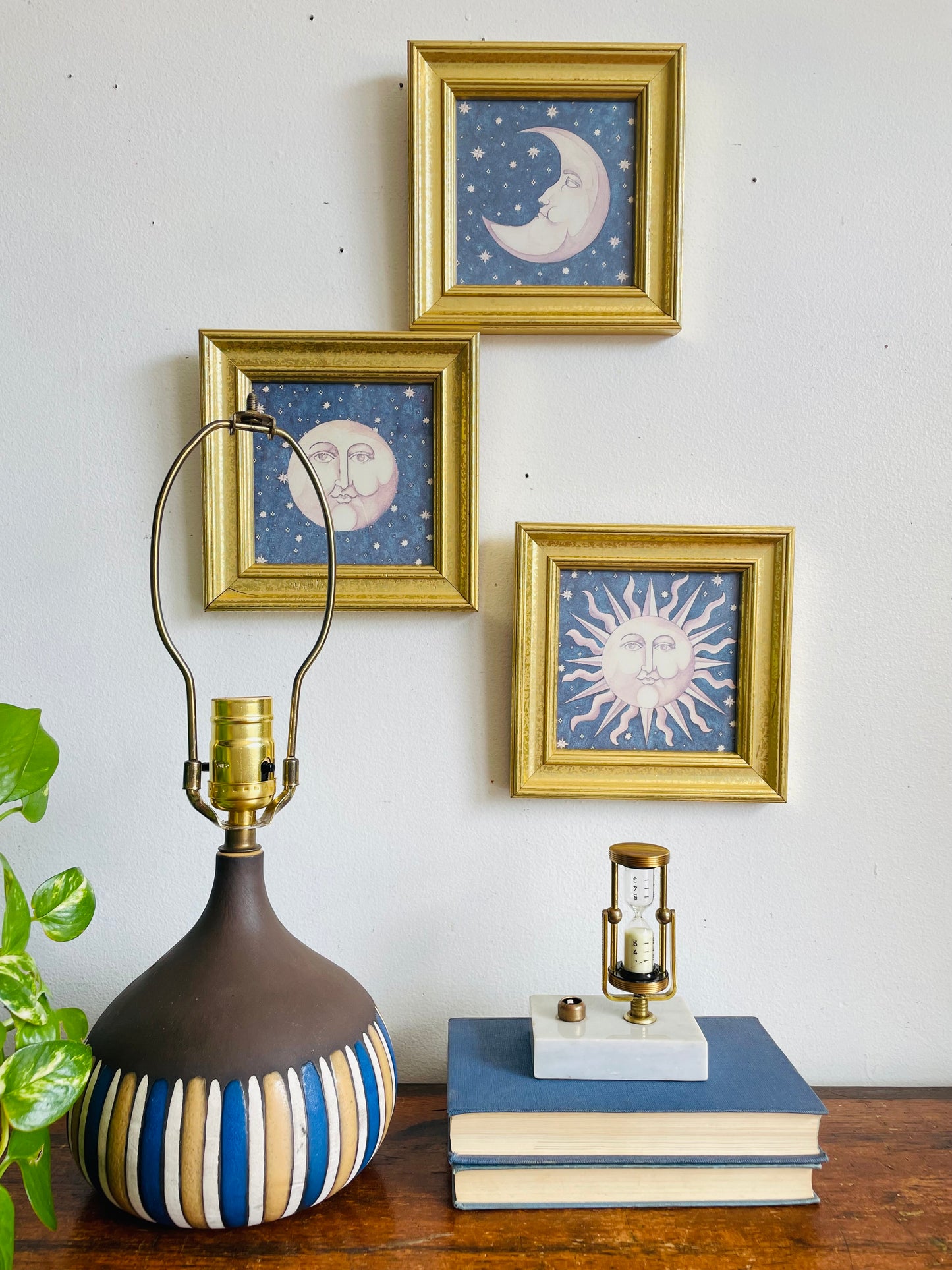 Vintage Mid-Century Modern Style Clay Pottery Lamp with Blue, Tan & Cream Lines Design - Tested / Works!