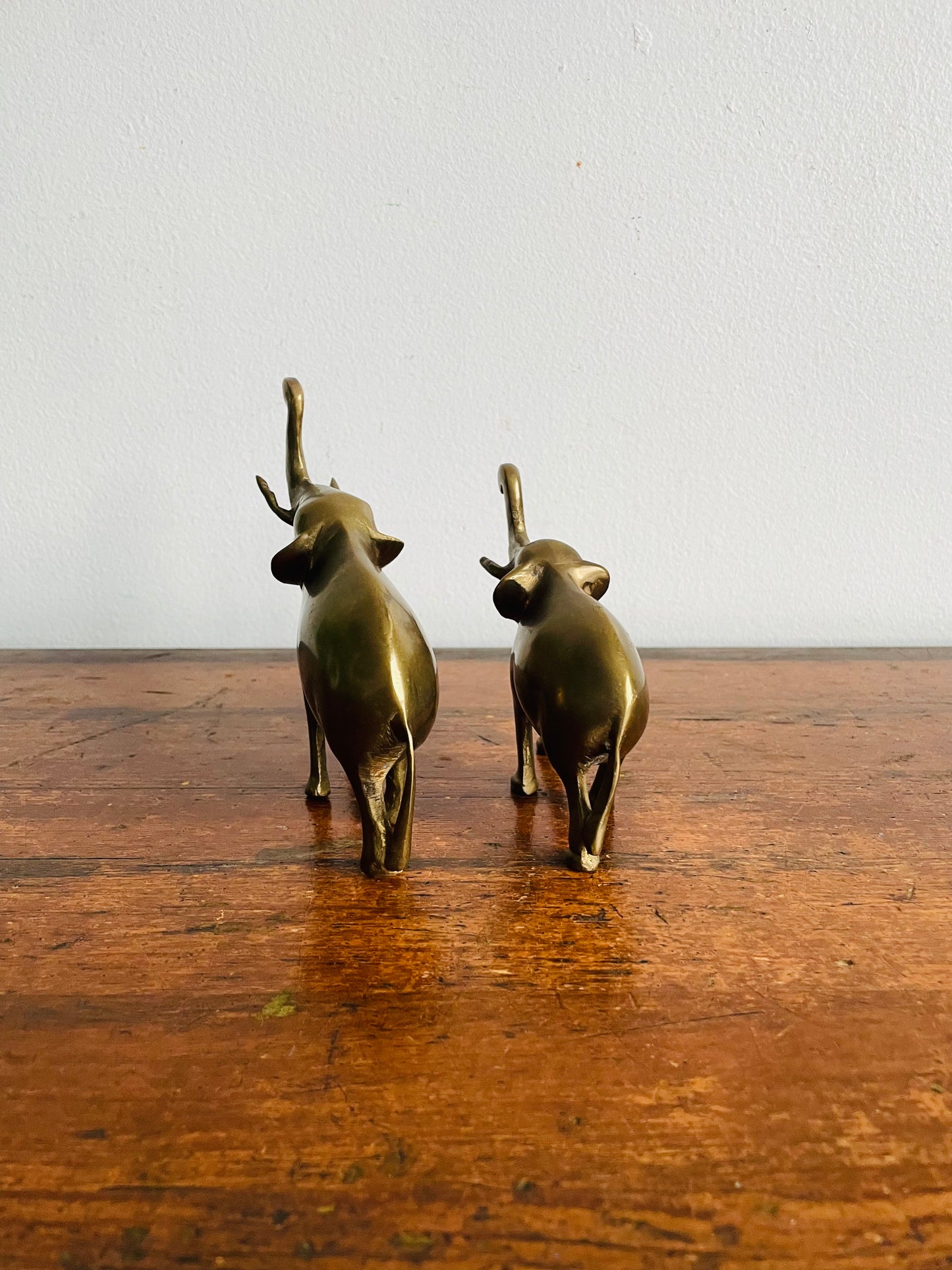 Vintage Solid Brass Pair of Elephants with Raised Trunks - Set of 2