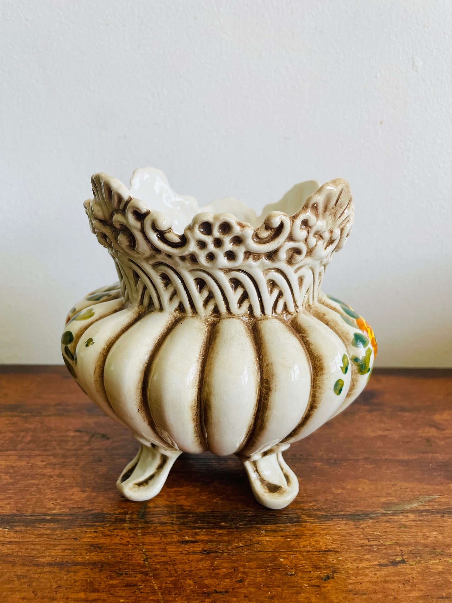 Vintage Belfor Hand Painted Italian Pottery Planter Pot with Floral Design - Made in Italy