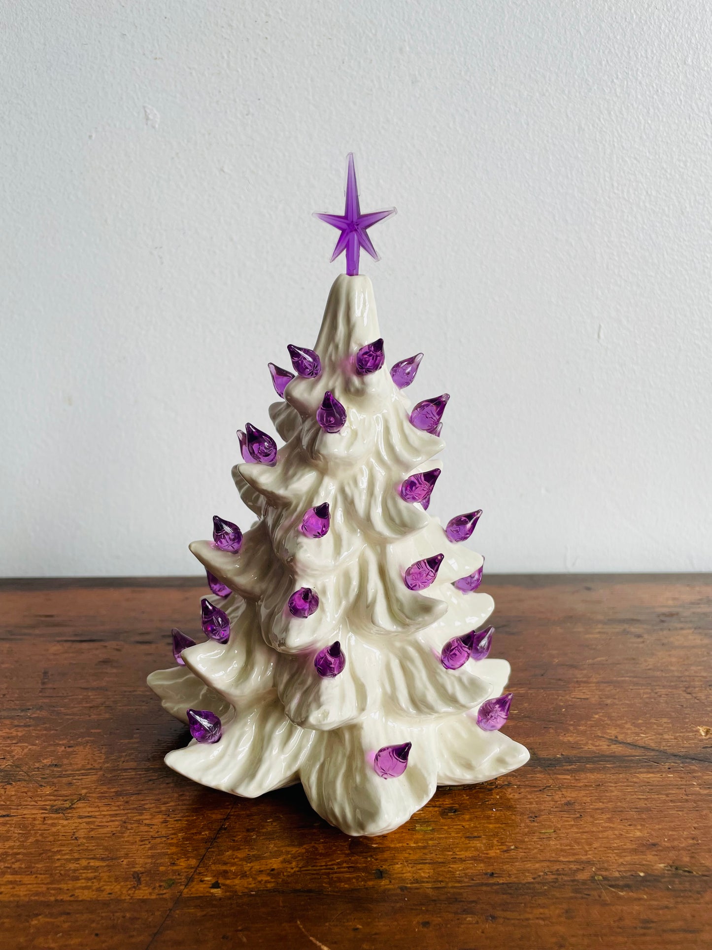 Miniature White Ceramic Light Up Christmas Tree with Purple Bulbs & Star (2005)