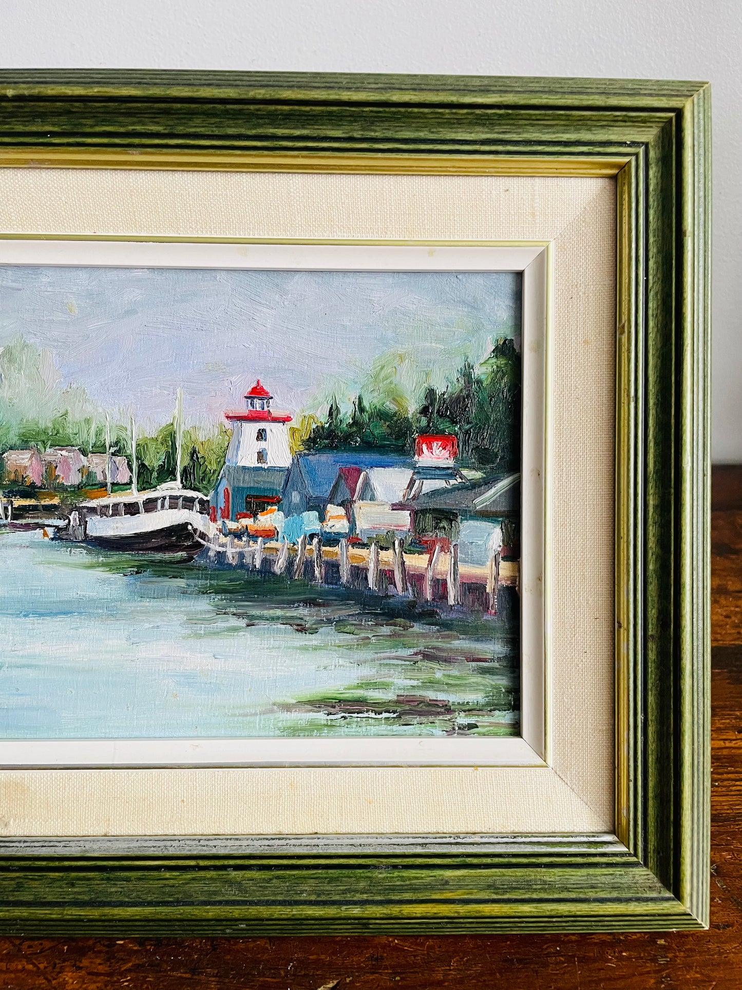 Vintage Original Art Painting Picture of Boats Along Pier in Green Wood Frame - Artist Signed
