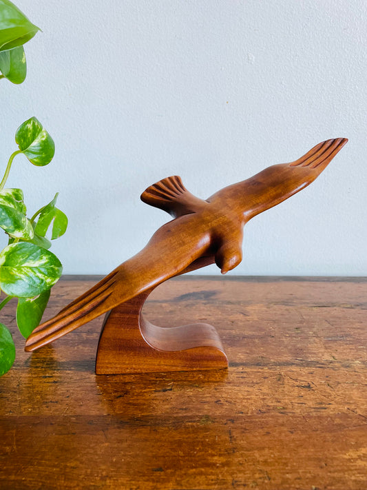 Vintage Mid-Century Modern Shipwreck Shop Carved Wood Seagull Bird Statue Figurine on Stand - Made in Barbados, West Indies