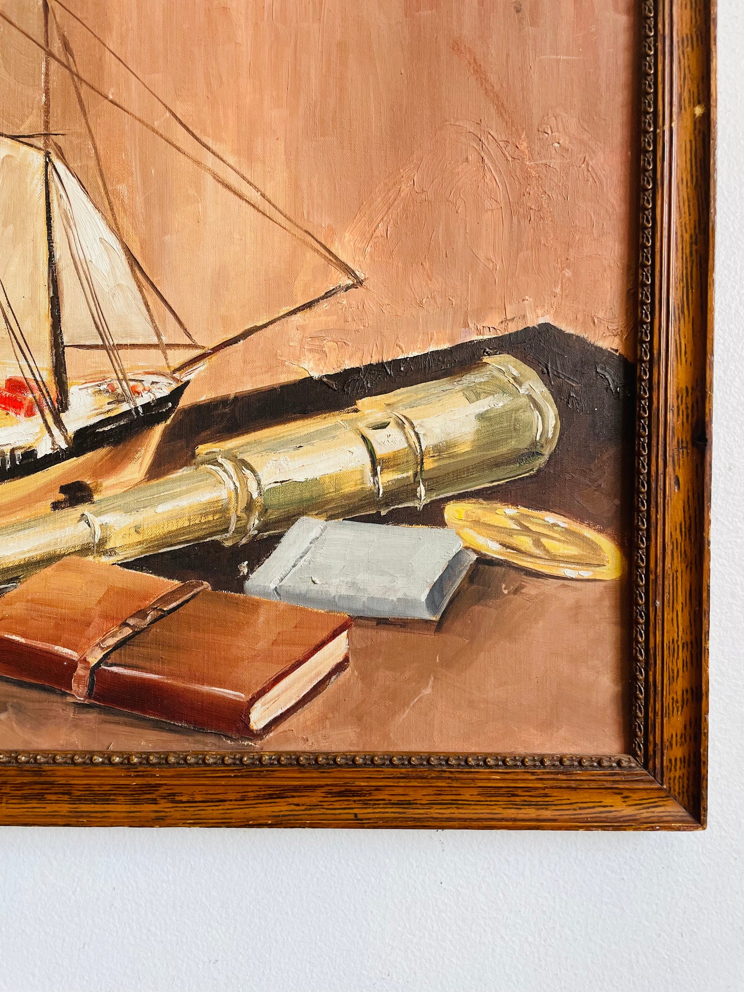 Vintage 1961 Original Art Nautical Still Life Painting Picture of Ship Captain Equipment - Artist Signed Anne Davies from Moncton, New Brunswick