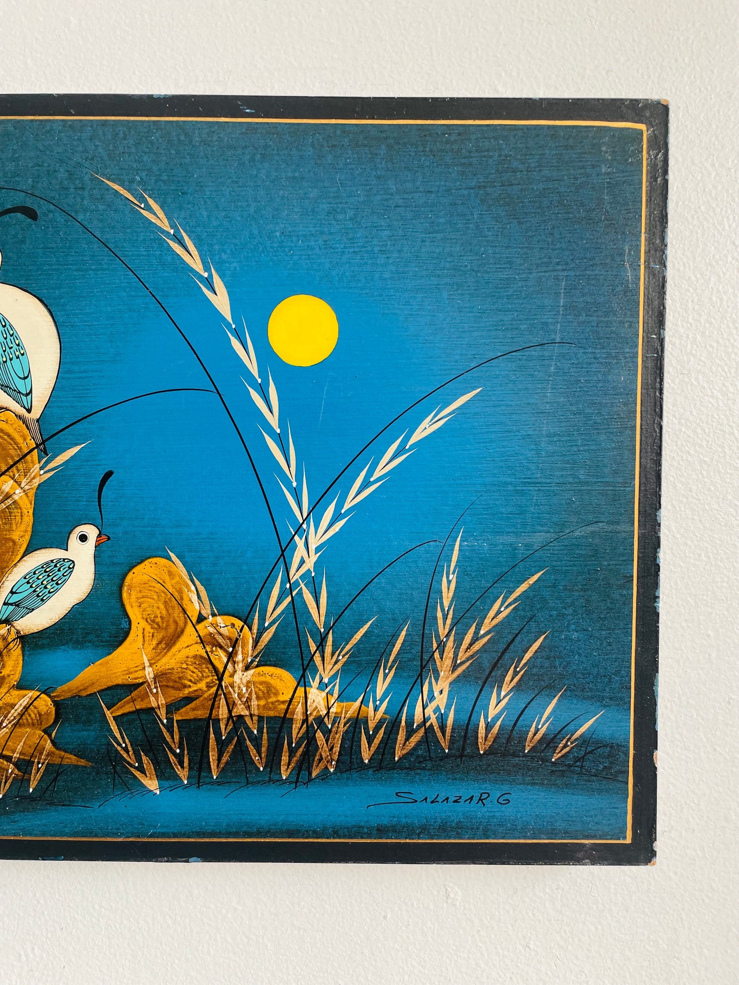Vintage Mexican Folk Art Painting of Quail Birds with Sun & Blue Background - Artist Signed Salazar G.