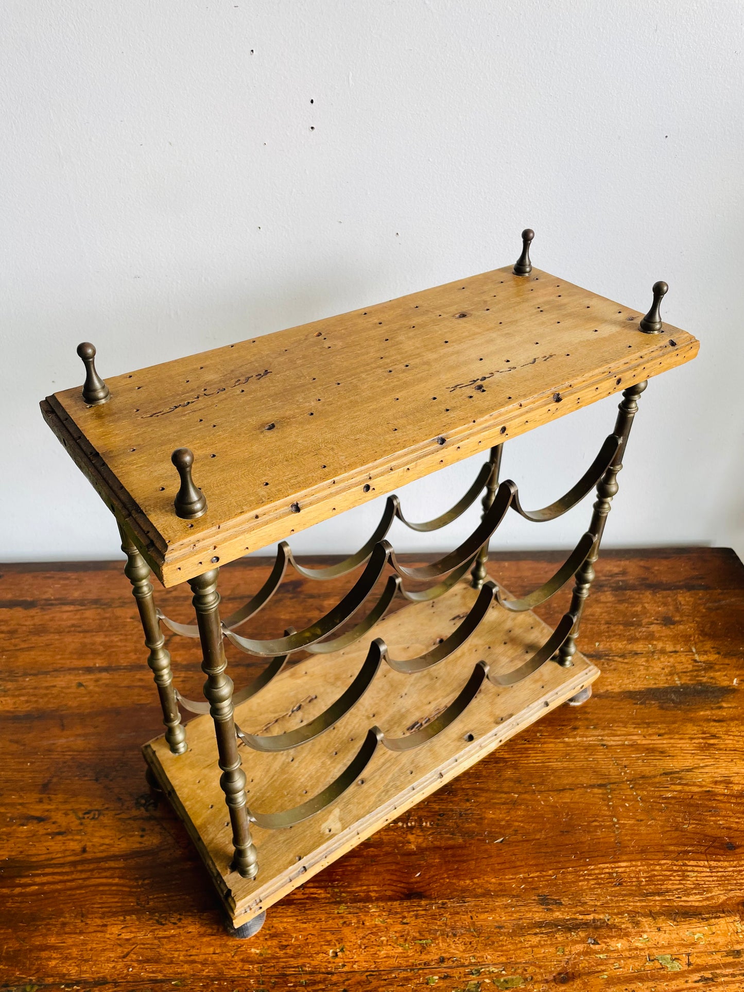 Vintage Italian Sturdy Wood & Solid Brass Footed Tabletop Wine Bottle Holder - Holds 9 Bottles - Made in Italy
