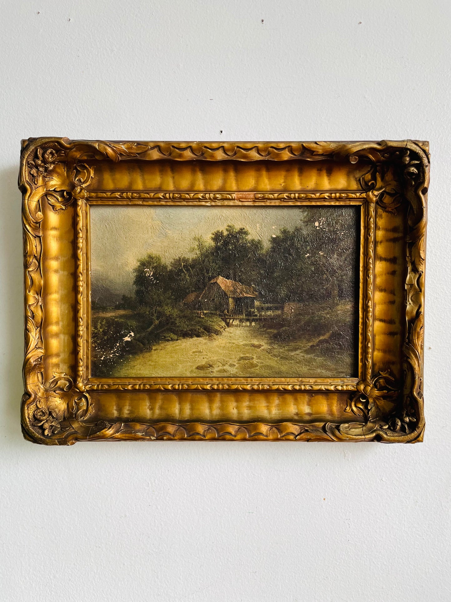 Antique Frank G. Hart's Oil Painting Facsimile Picture in Ornate Gold Frame - "The Old Watermill"