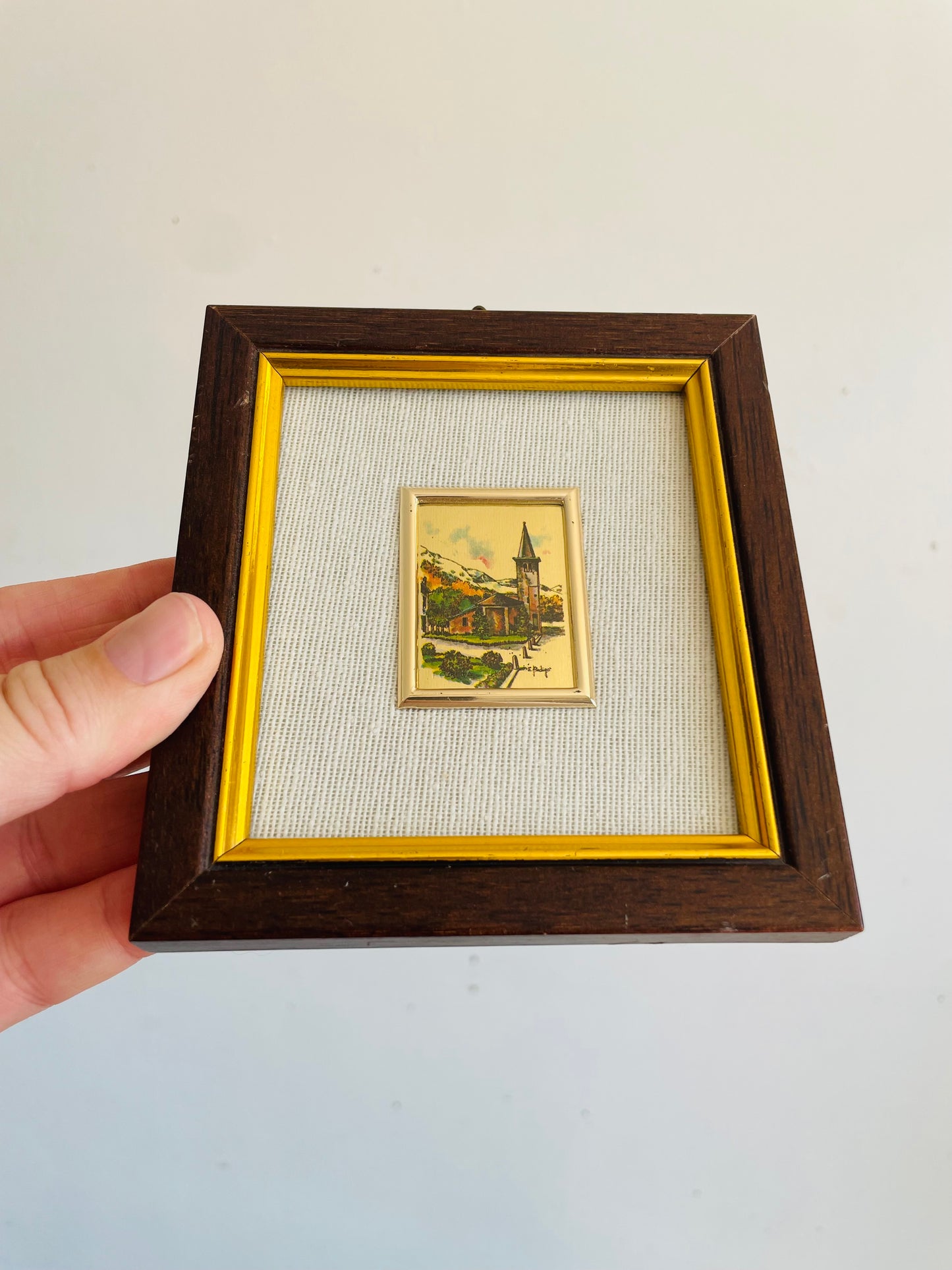 Vintage Italian Hand-Pressed Lithography on Gold Leaf Picture with Small European Village Scene