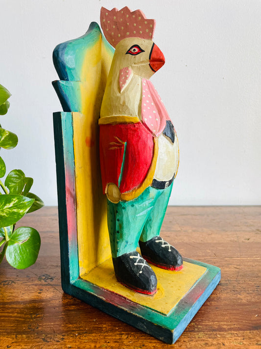 Vintage Bright & Fun Carved Wood Distinguished Gentleman Rooster in Fancy Clothing Giant Bookend or Statue - Whimsical Home Decor