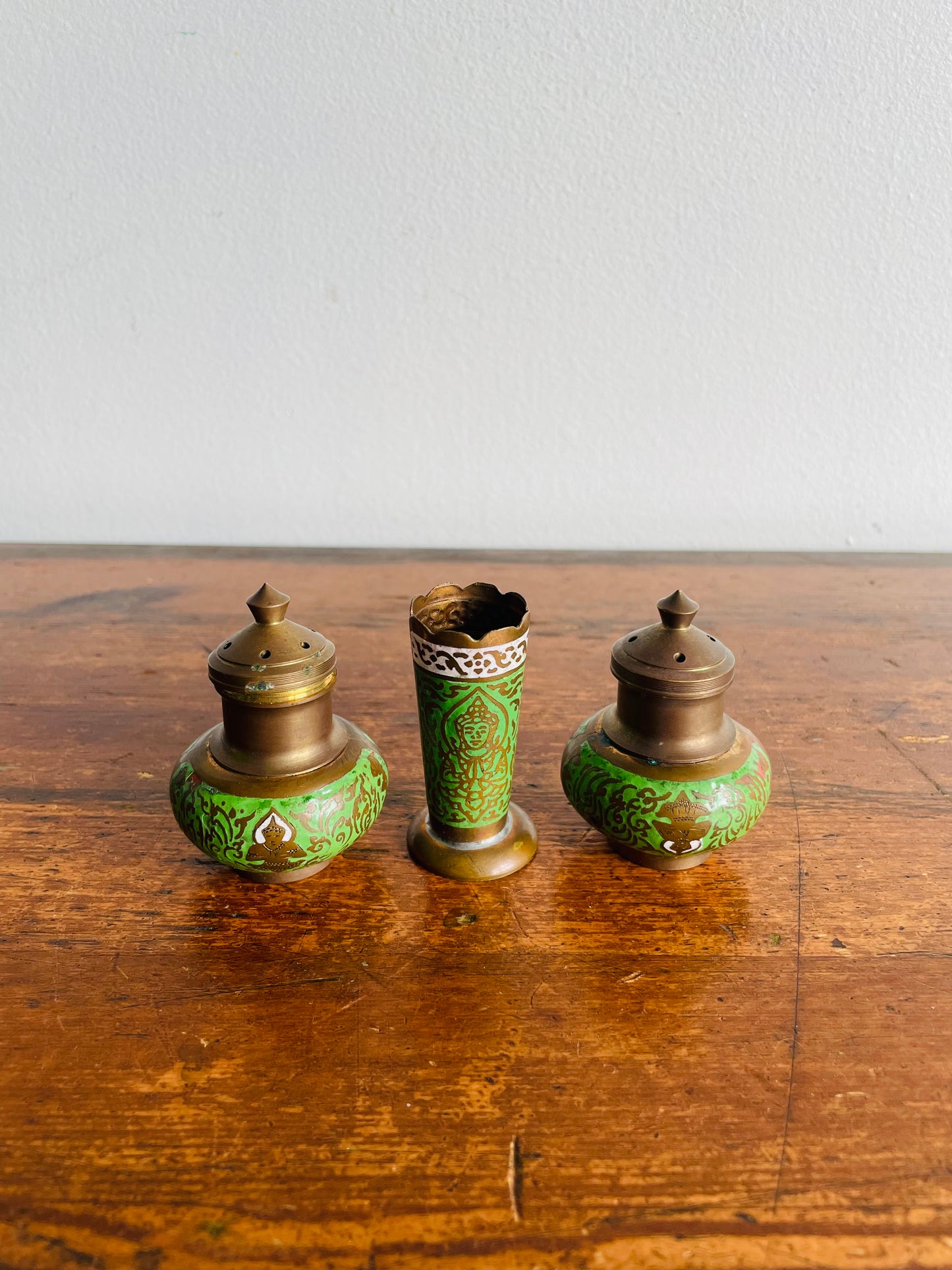 Brass & Enamel Table Set - Salt Shaker, Pepper Shaker, Toothpick Holder & Tray - Set of 4 Pieces