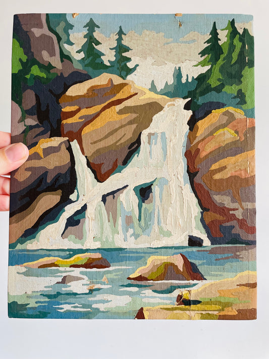 Vintage 1960s Paint by Number (PBN) Picture on Board of Waterfall in Forest - 8" x 10"