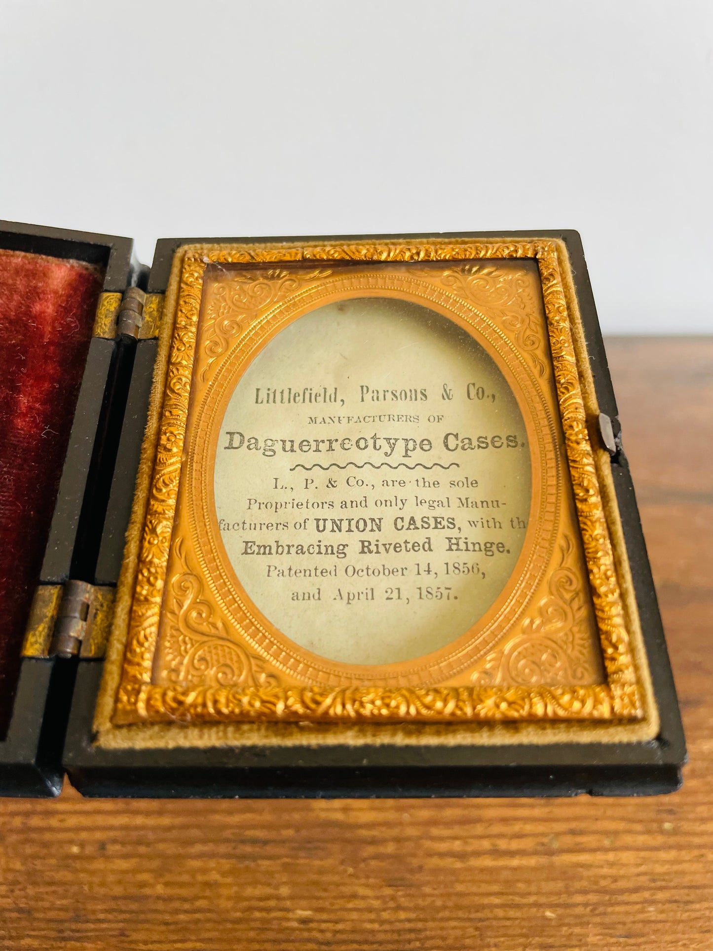 Antique 1857 Victorian Daguerreotype Photo Display Union Case - Littlefield, Parsons & Co. - Never Used