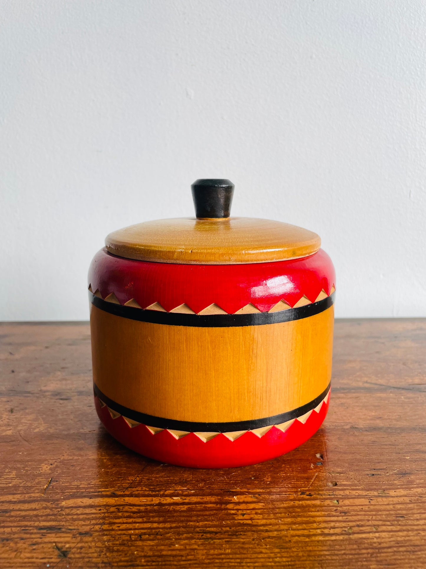 Eastern European Round Wooden Trinket Box with Lid & Handle