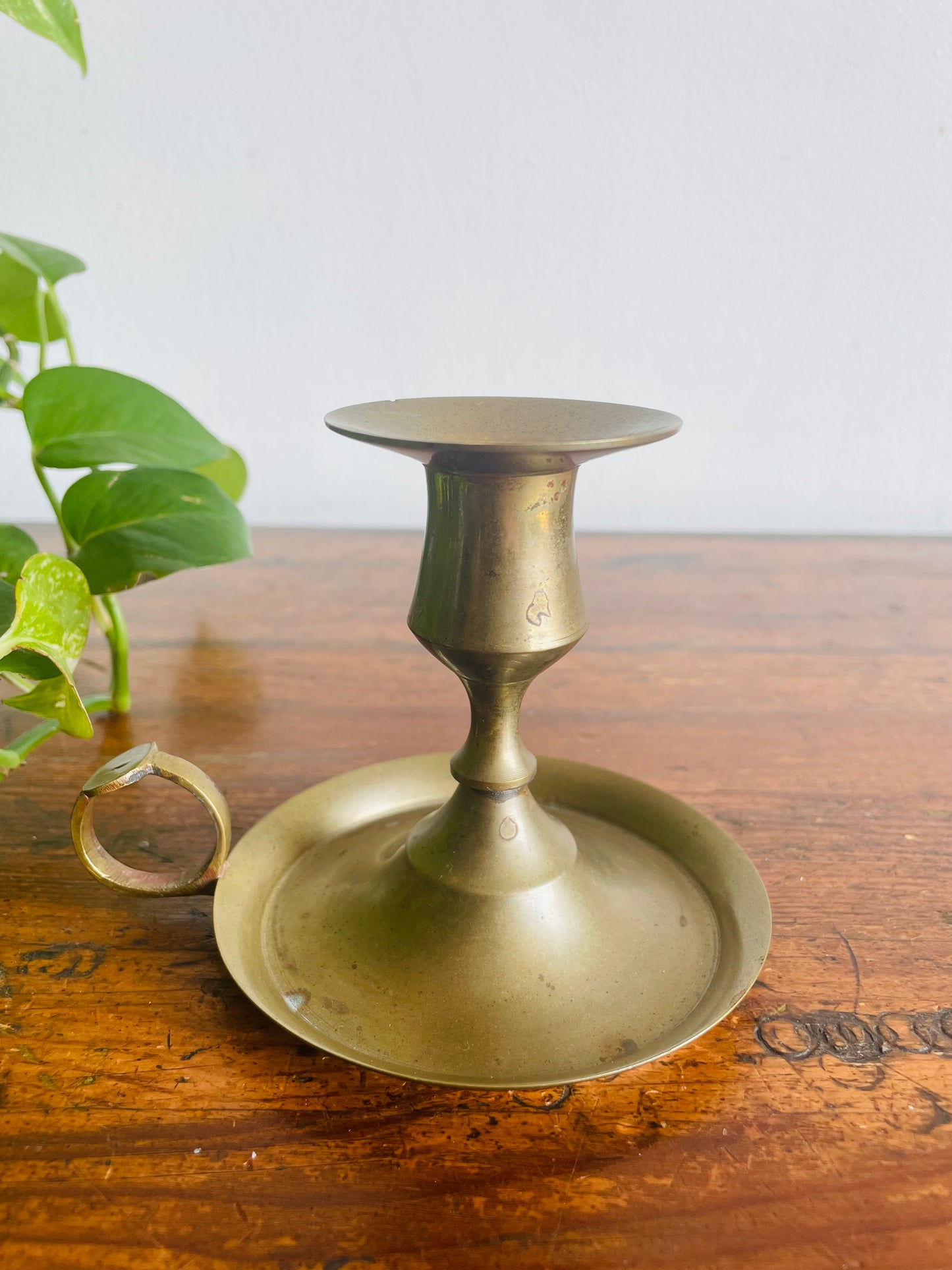 Vintage Brass Chamberstick Candle Holder with Muted Patina