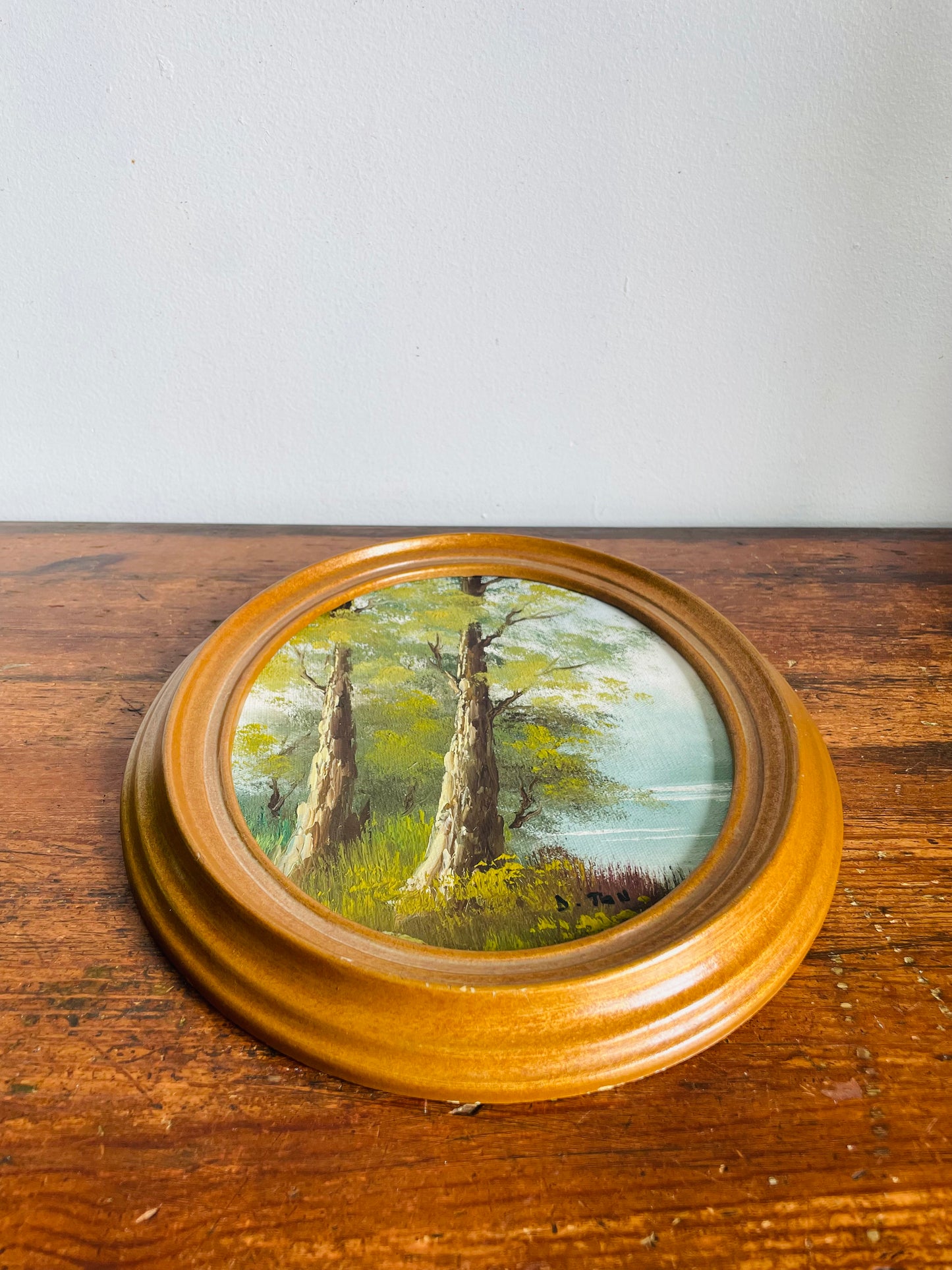Vintage Original Art Painting of Tree Forest Scene Beside Lake in Oval Frame - Artist Signed