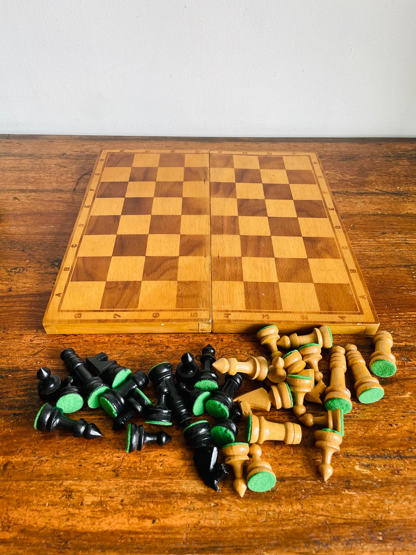 Vintage Hinged Folding Wood Chess Board Travel Case with Felt-Bottomed Wood Playing Pieces - Made in Poland