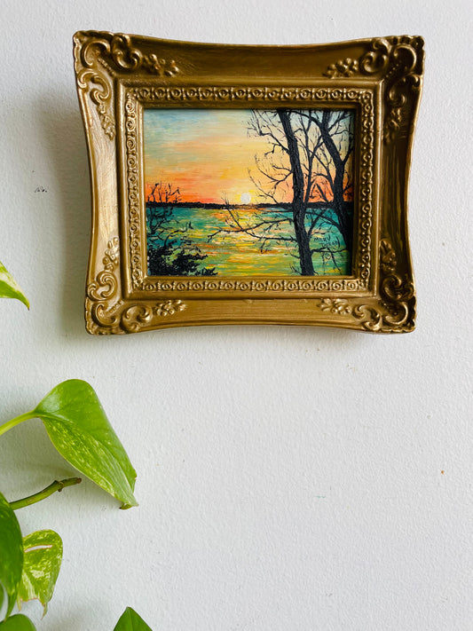 Vintage Original Art Painting Picture of Sunset or Sunrise Over Lake Through Trees in Gold Frame - Signed Mary Doran