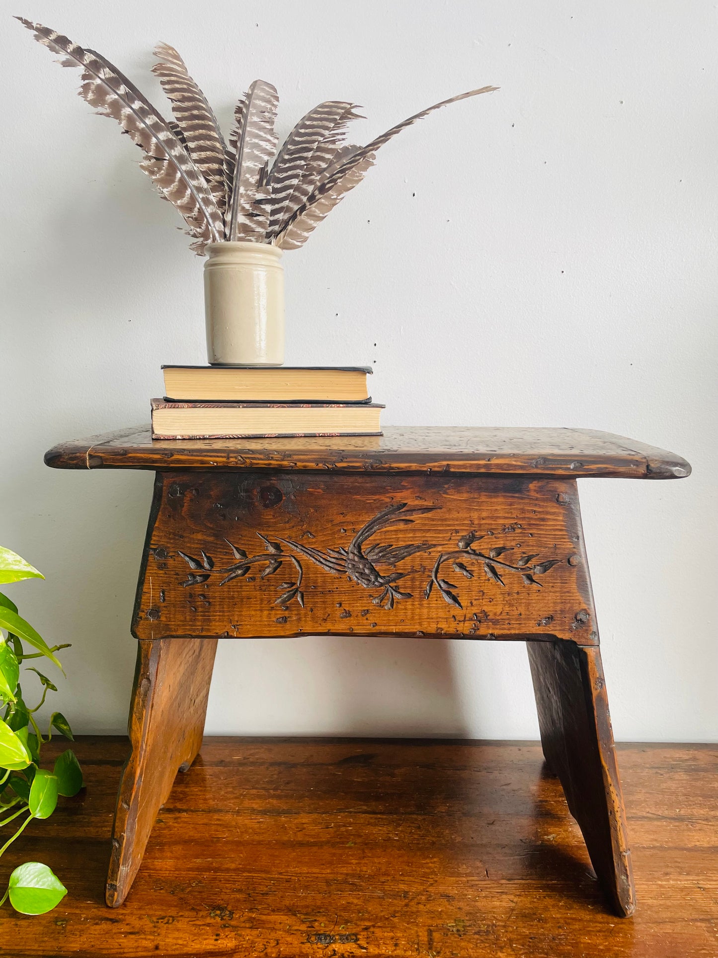 Vintage Wooden Stool Bench or Short Side Table with Carved Bird & Leaf Design - No Shipping