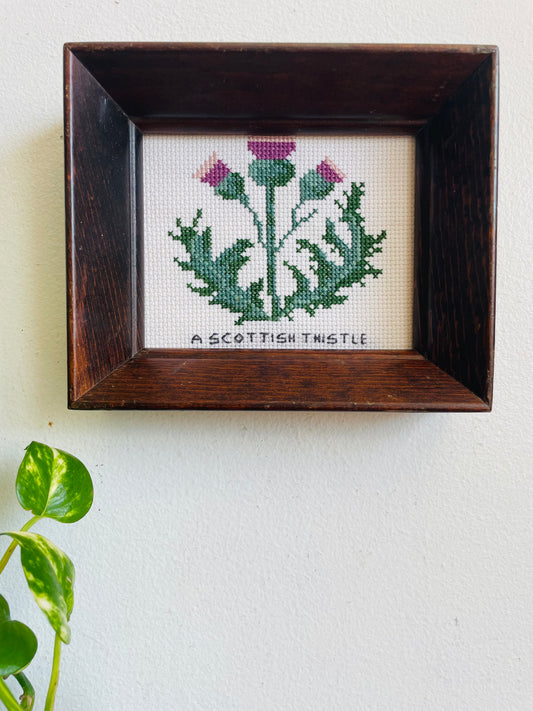 Vintage Scottish Thistle Flower Cross Stitch Embroidery Picture in Chunky Wood Frame