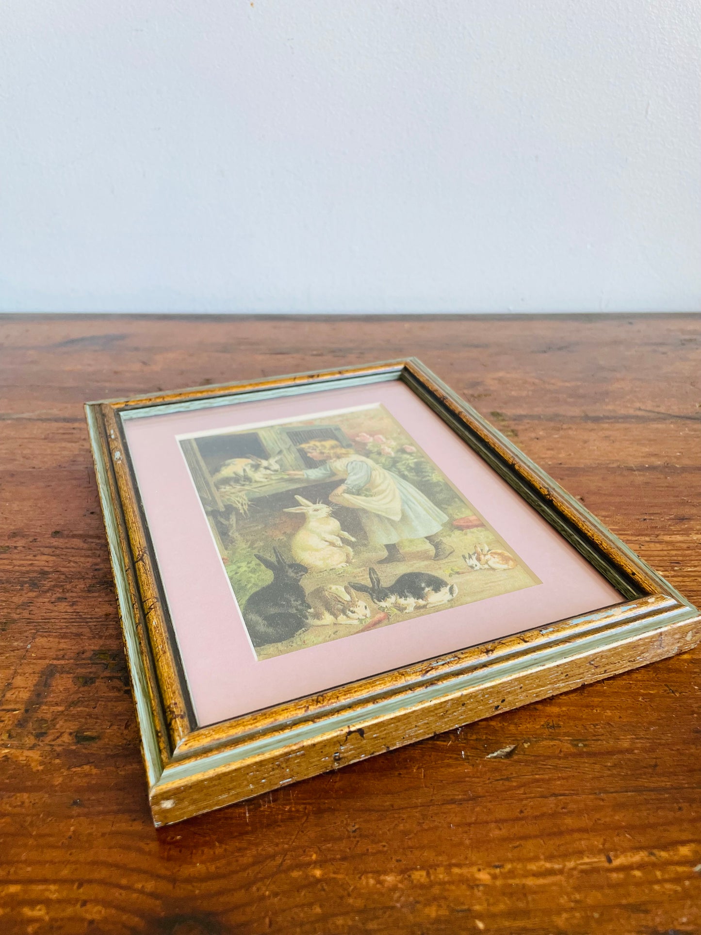 Vintage Print Picture of Little Girl Feeding Carrots to Rabbits - Adorable & Sweet!