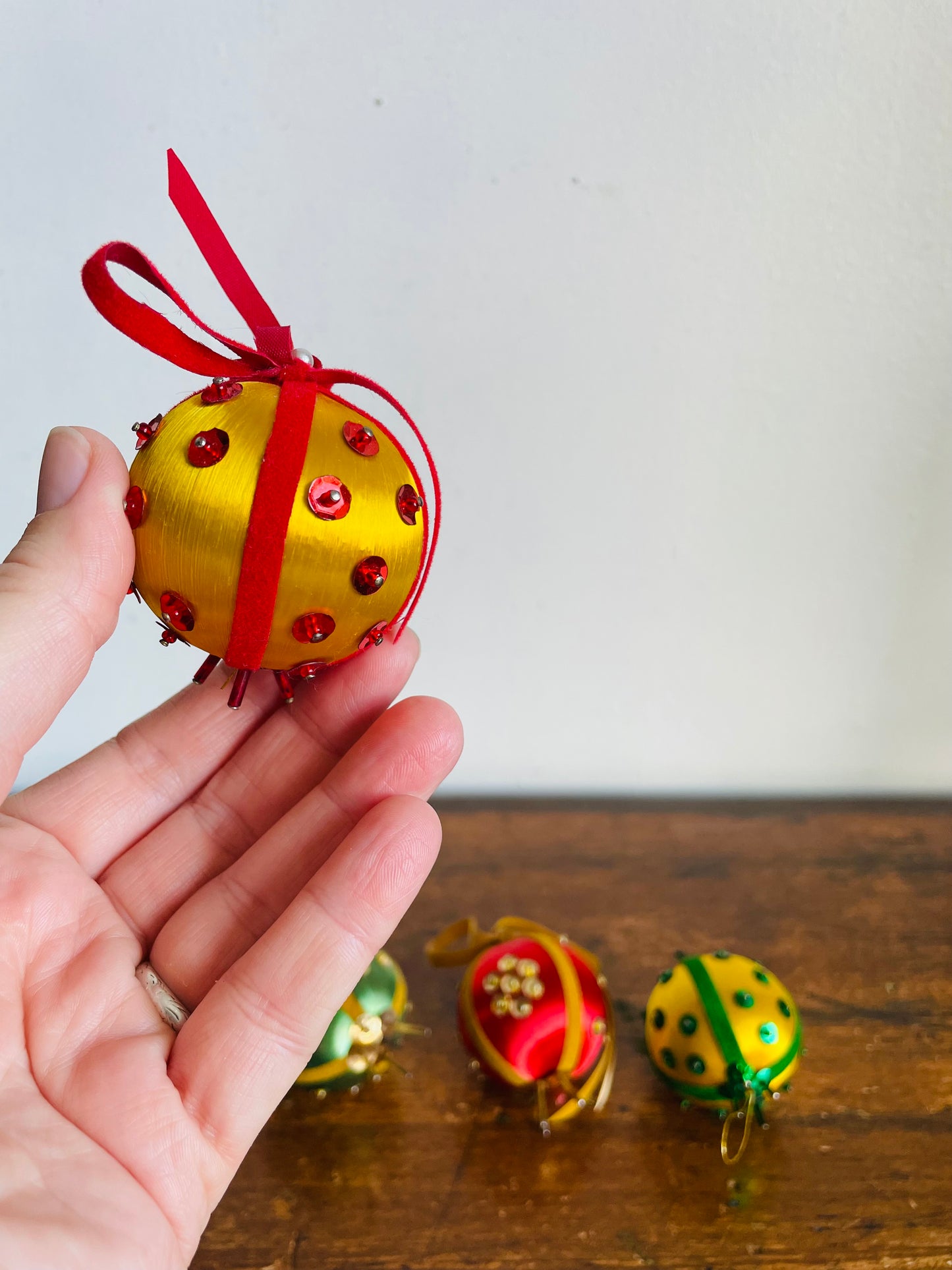 Vintage Collection of Handmade String Wrapped Beaded Sequined Push Pin Christmas Ornaments with Velvet Ribbon - Set of 4