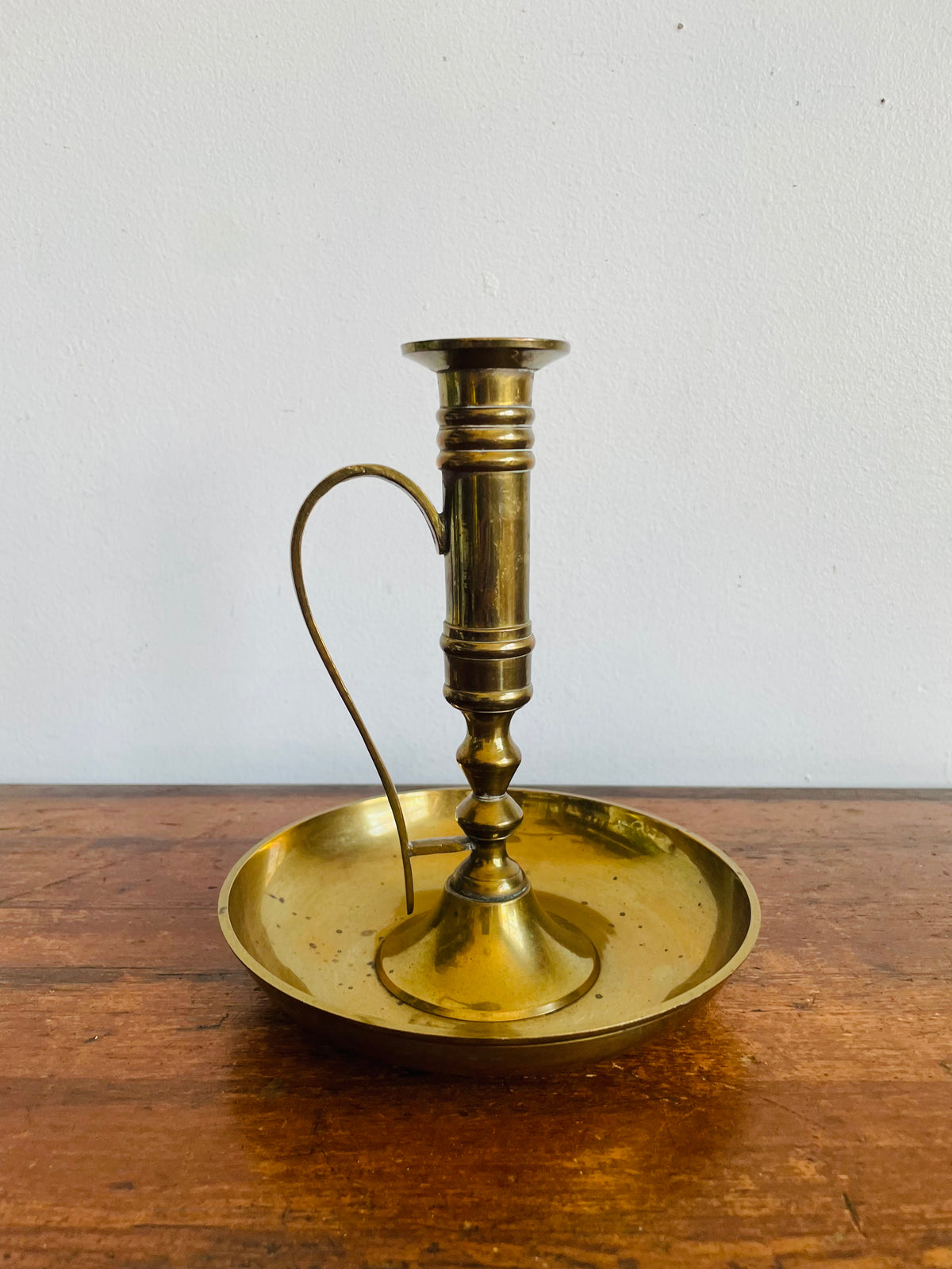 Vintage Tall Solid Brass Chamberstick Candle Holder - Made in India