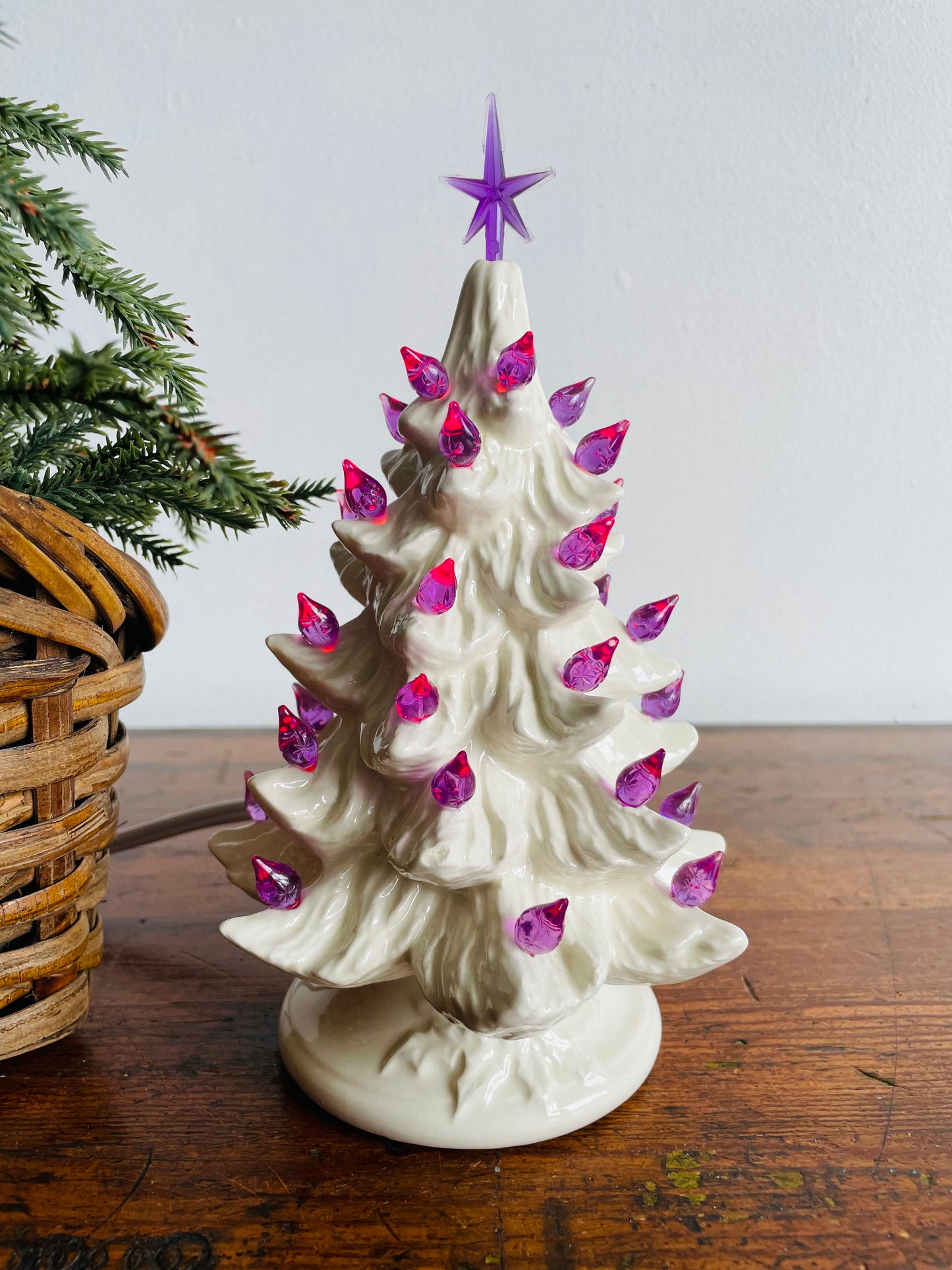 Miniature White Ceramic Light Up Christmas Tree with Purple Bulbs & Star (2005)