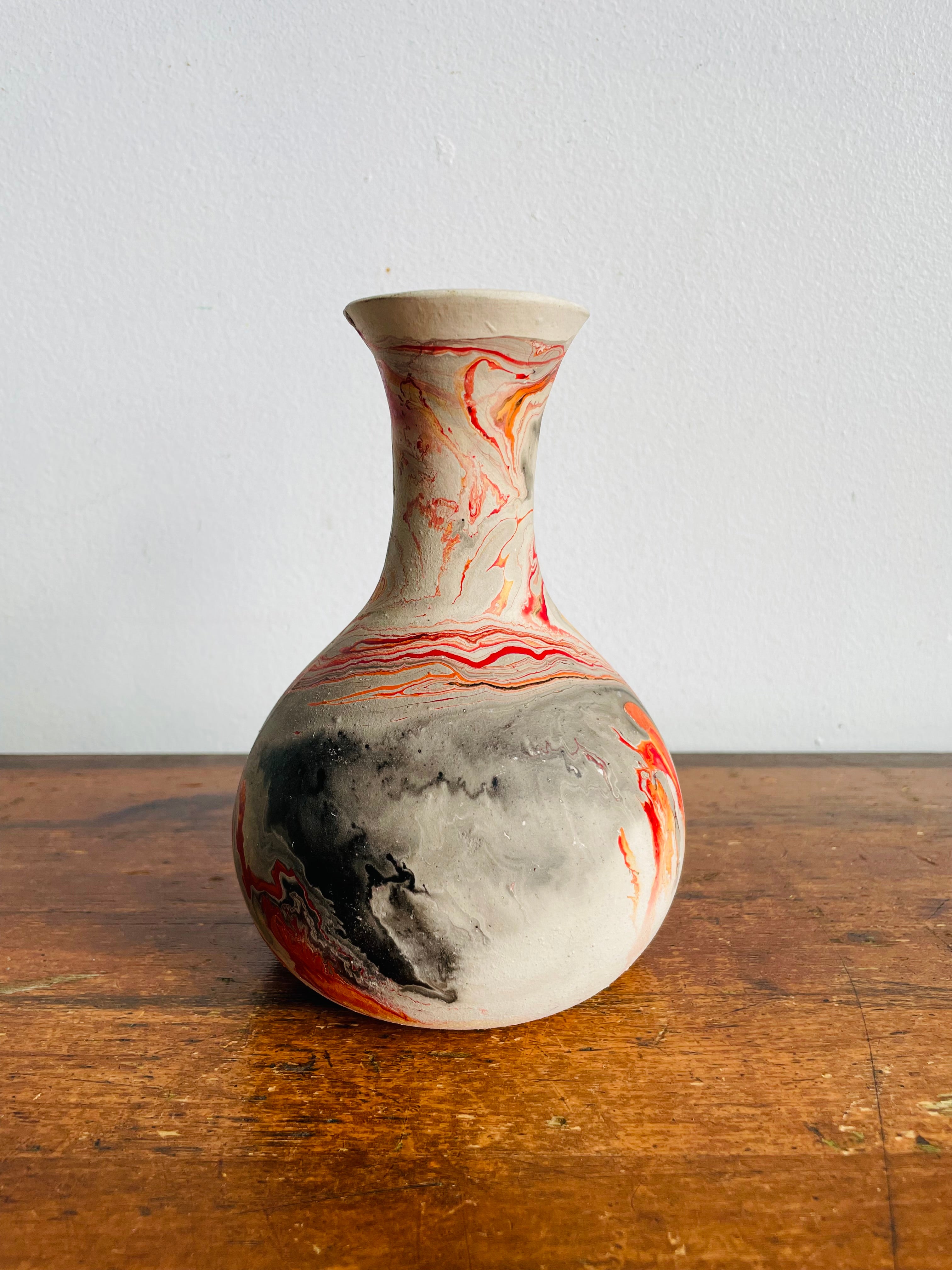 Vintage Nemadji Clay Pottery Vase - Red, Orange & Black Marbled