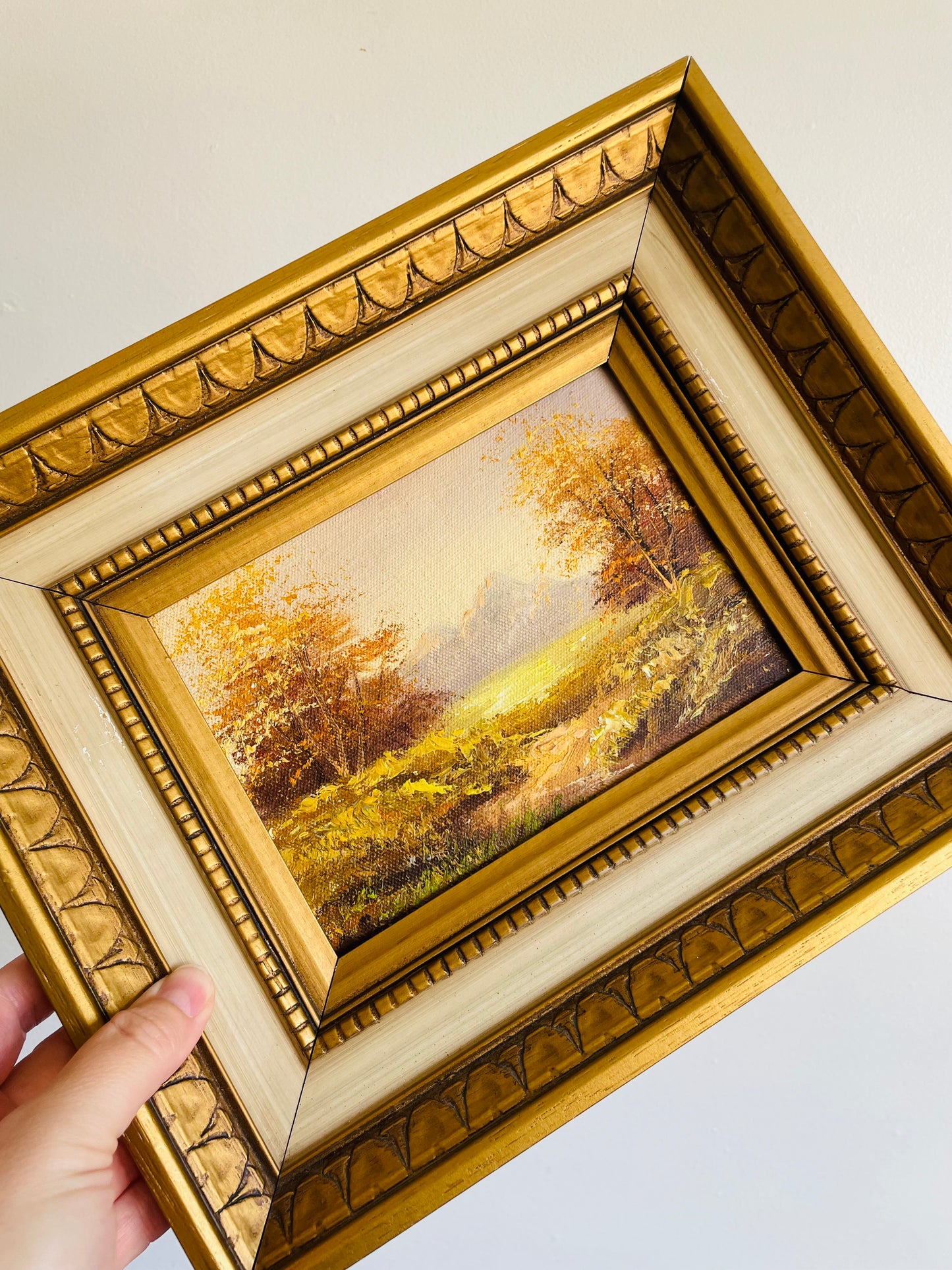 Original Art Painting of Landscape Scene in Gold & Cream Wood Frame