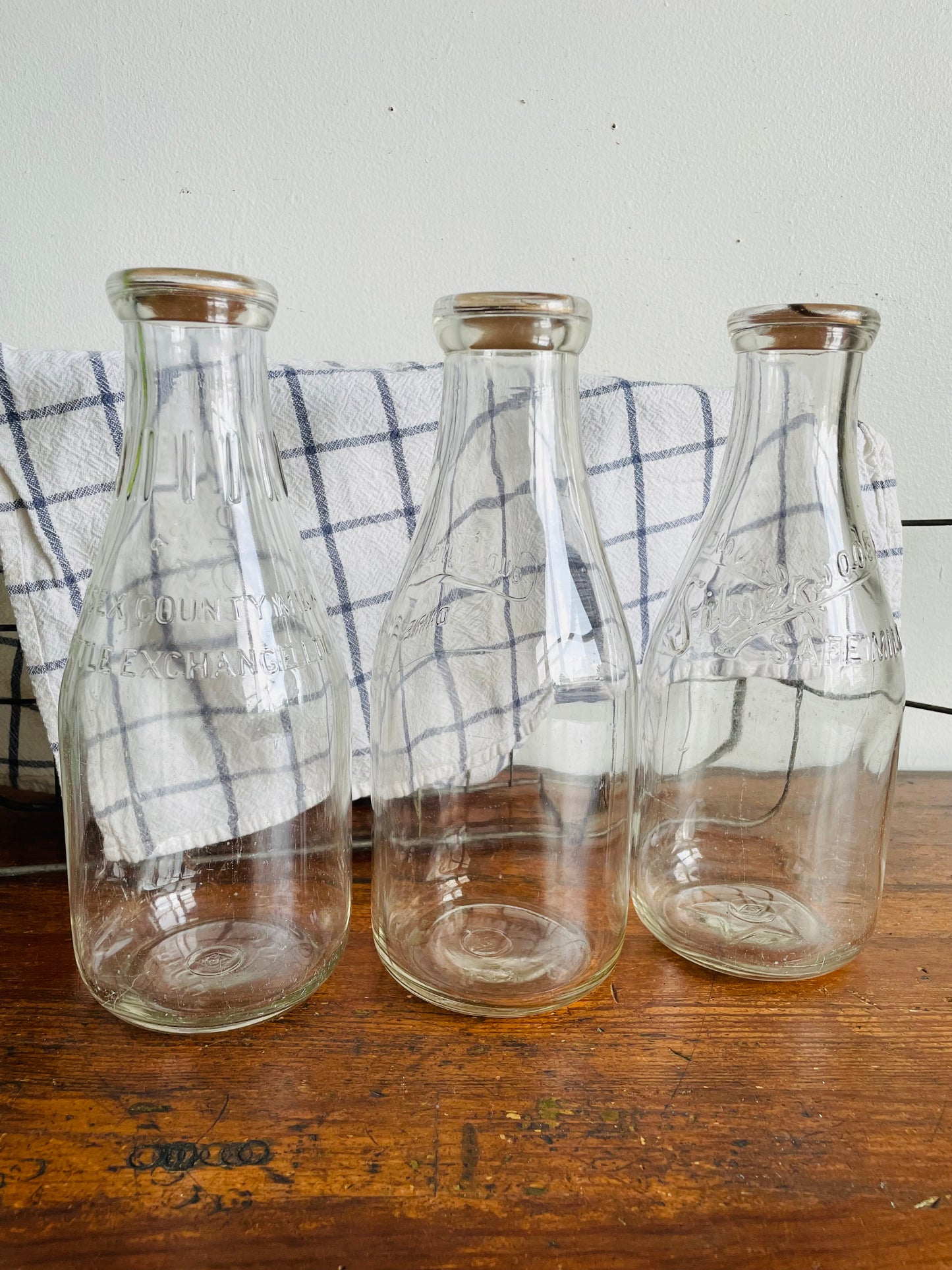 Vintage Metal Milk Bottle Caddy Carrier with Handles & Three Glass Milk Bottles with Cardboard Bottle Caps