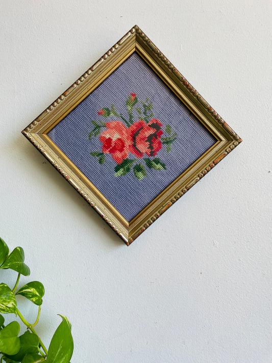 Vintage Needlepoint Embroidery Picture of Pink Roses on Blue Background in Diamond Frame - Simpsons Department Store