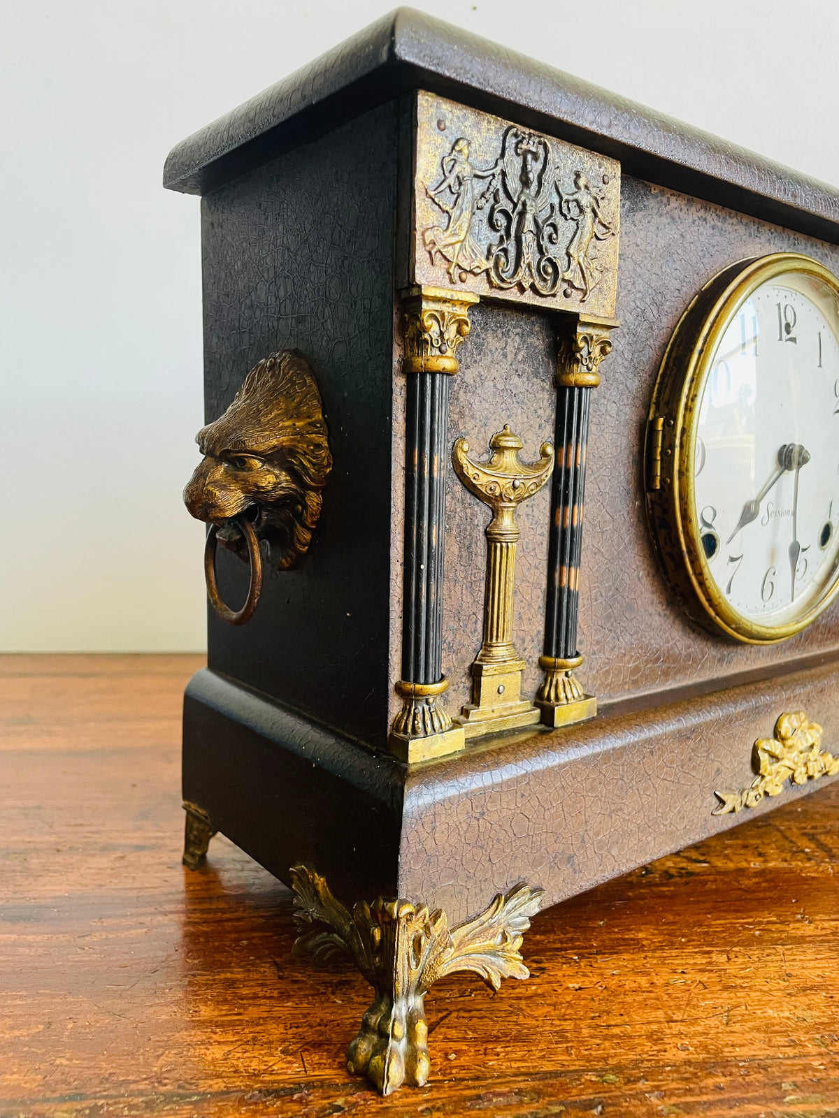 Antique Sessions Clock Company Mechanical Mantle Clock with Ornate Brass Details, Claw Feet & Lion Head Handles - Regent Eight Day Half-Hour Strike Model - Untested