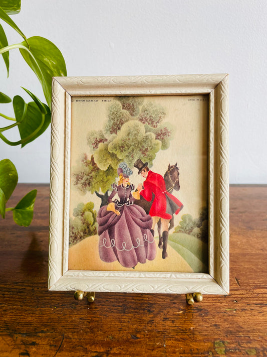 Lithograph Print Picture of Man & Woman in Victorian Dress Beside Horse - Benton Glass Co.