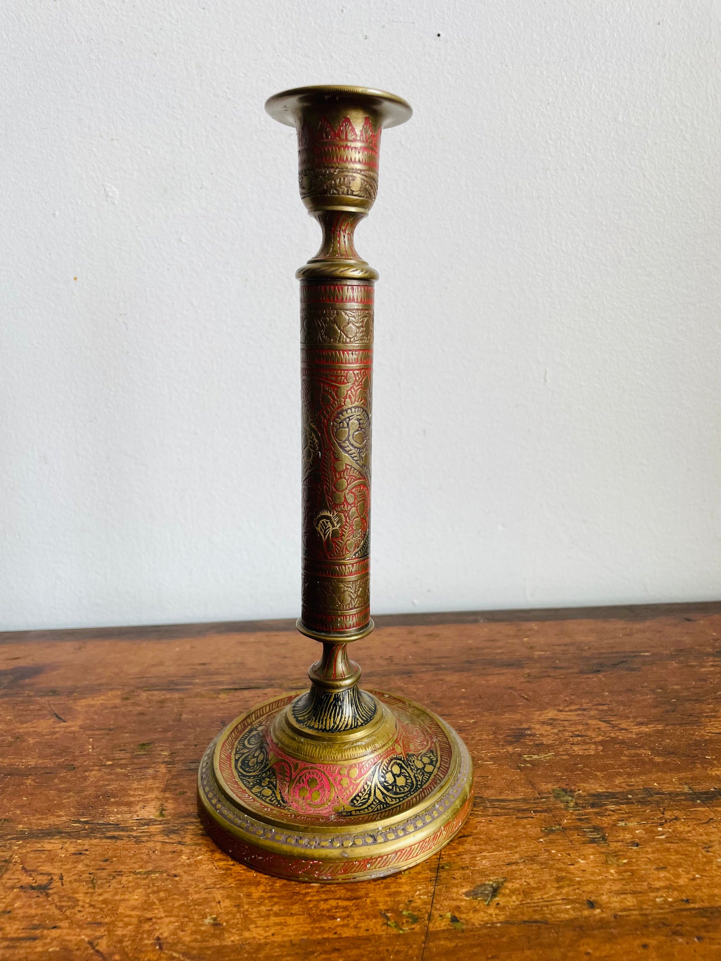 Vintage Solid Enamelled Brass 9" Tall Candle Holder