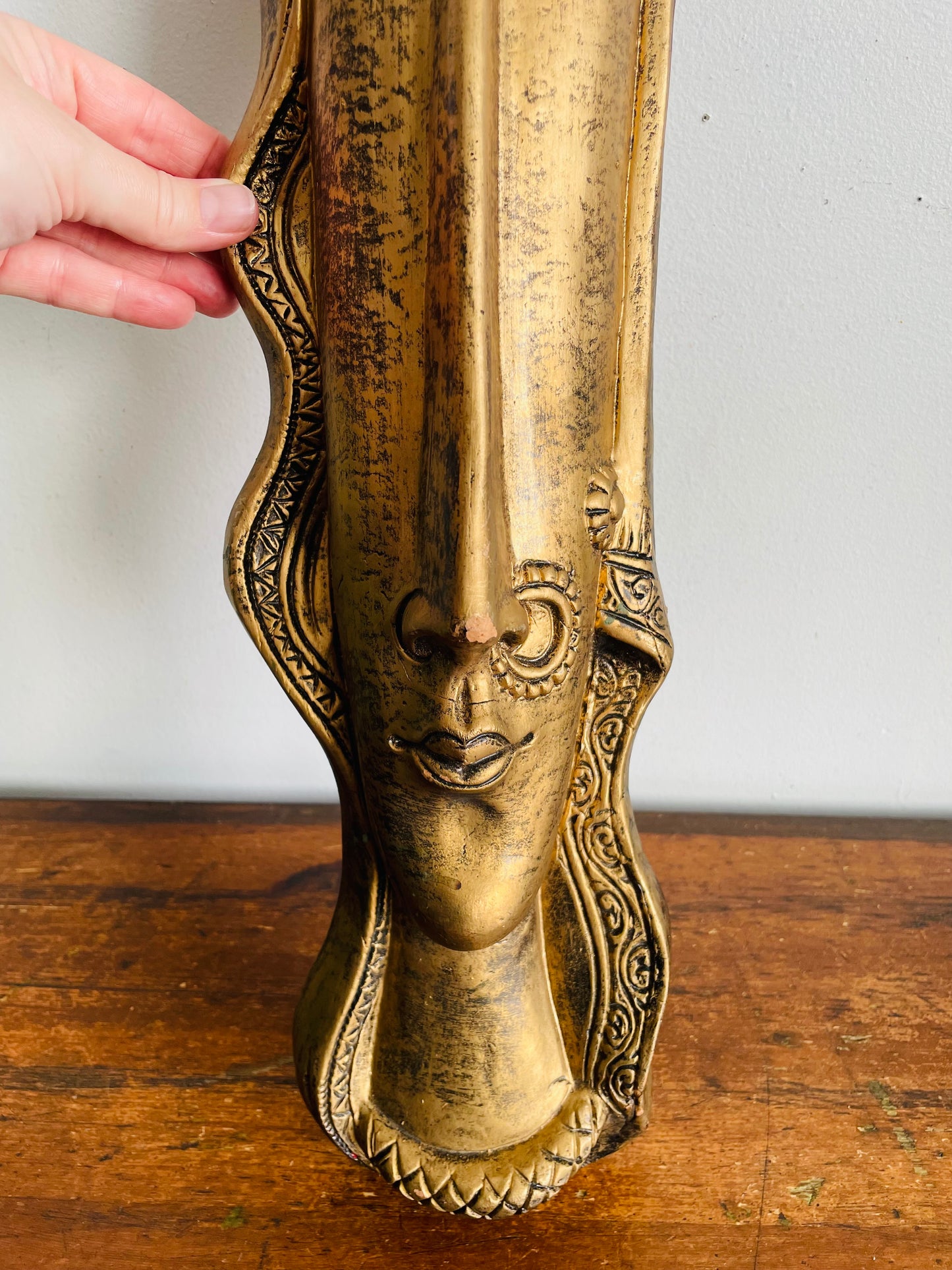 Vintage Stunning Long & Narrow Terracotta Clay Painted Gold Wall Hanging Face Sculpture - No Shipping