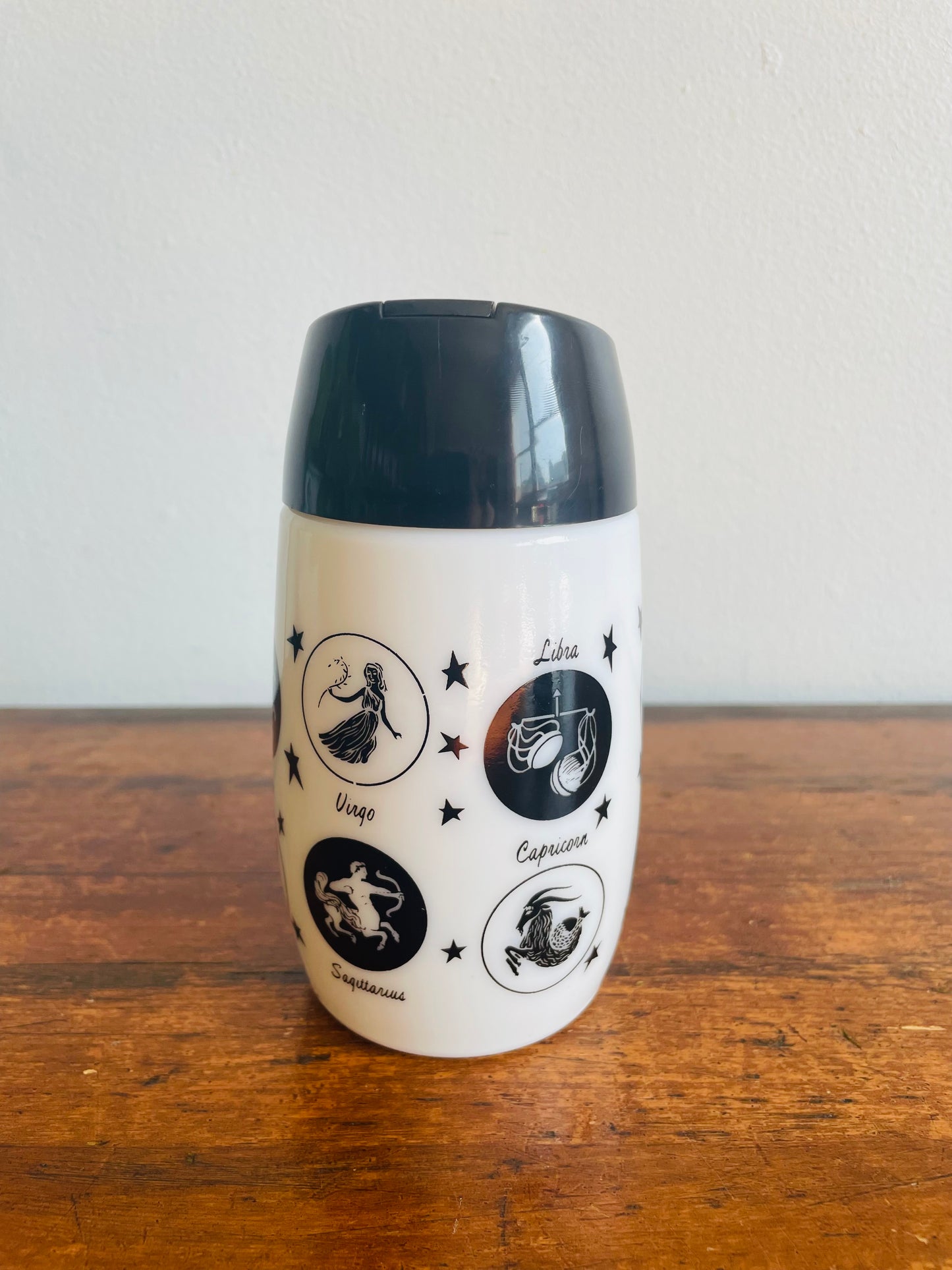 Black & White Milk Glass Horoscope Sugar Pour Dispenser with Zodiac Sign Graphics