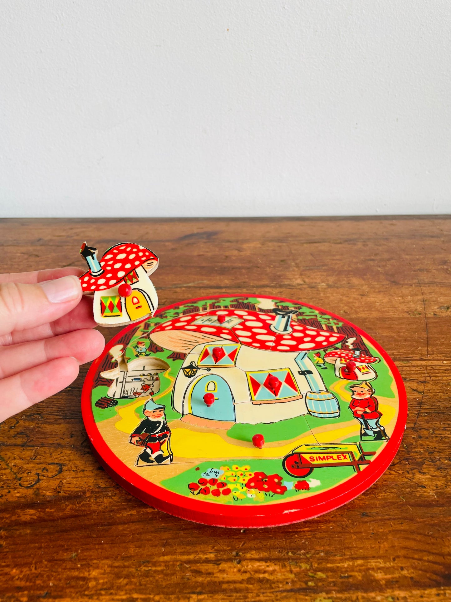 Vintage Simplex Round Wooden Knob Handle Puzzle with Gnome & Mushroom House Design - Made in Holland