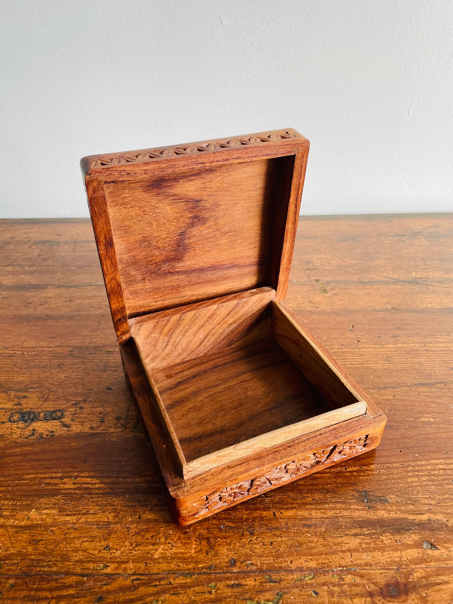 Square Indian Rosewood Box with Hinged Lid & Ornate Carved Flower Design