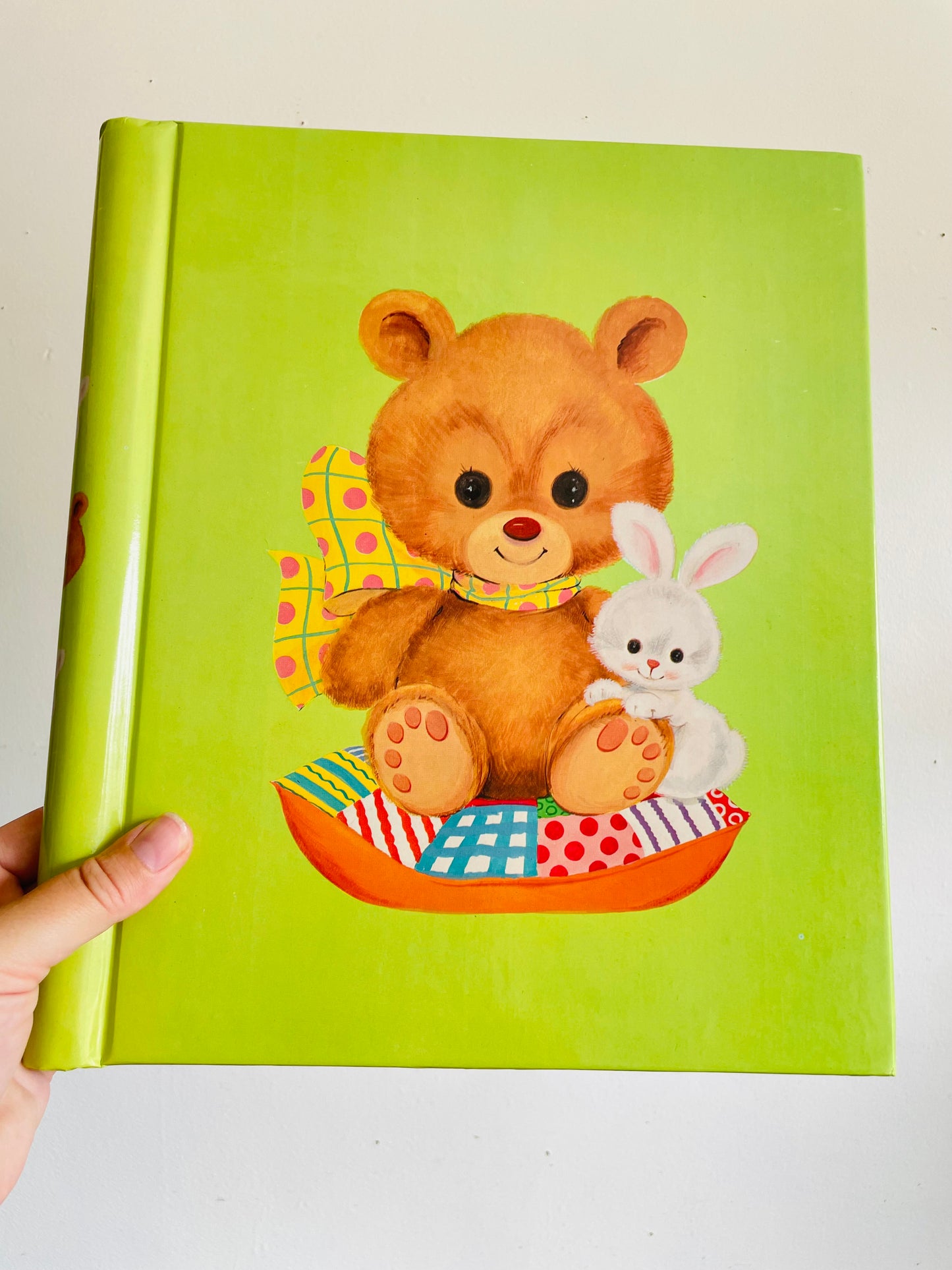 Vintage 1980 Adorable Green 12 Page Photo Album or Scrapbook with Teddy Bear & Bunny Rabbit Design - Made in Canada