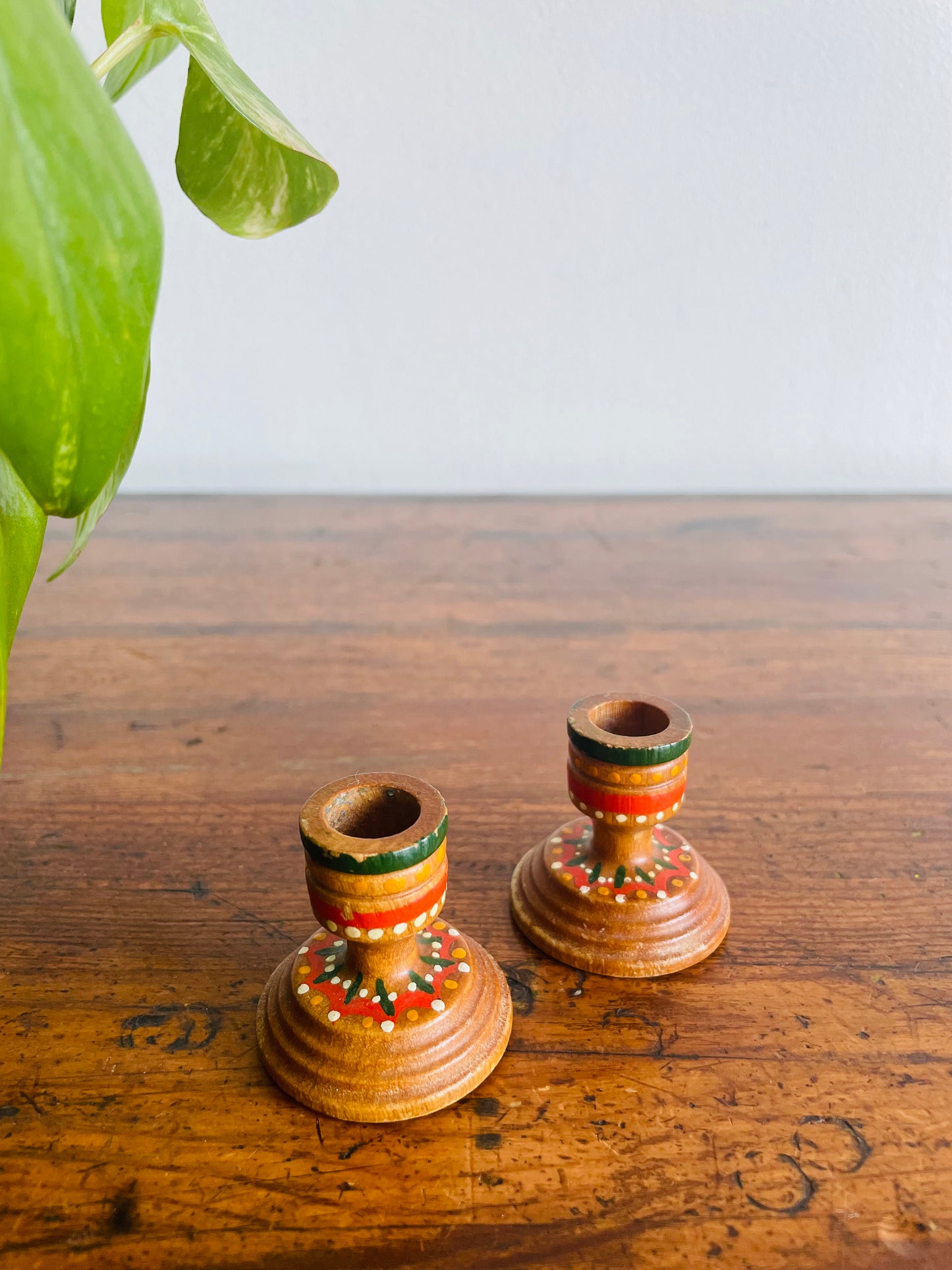 Miniature Hand Painted Wood Candlestick Holders with Folk Art Design - Set of 2