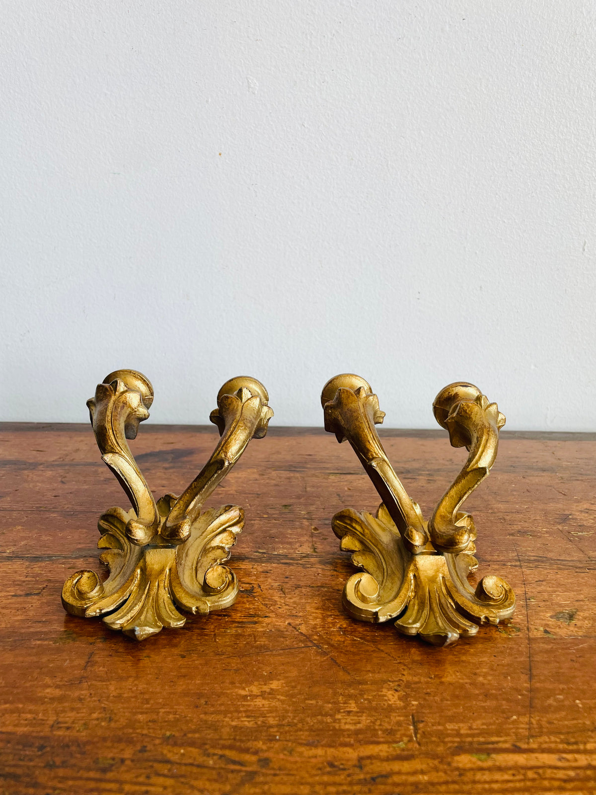 Vintage Italian Double Skinny Taper Candle Holder Wall Hanging Sconces - Gold Rococo Louis XV Style - Set of 2 - Made in Italy