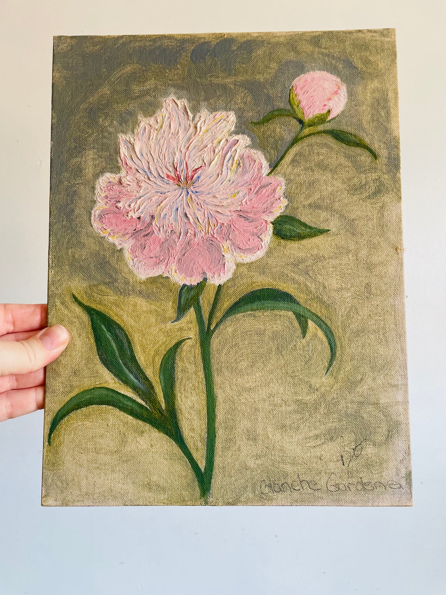 Vintage Original Art Painting Picture on Board of Pink Peony Flower - Artist Signed