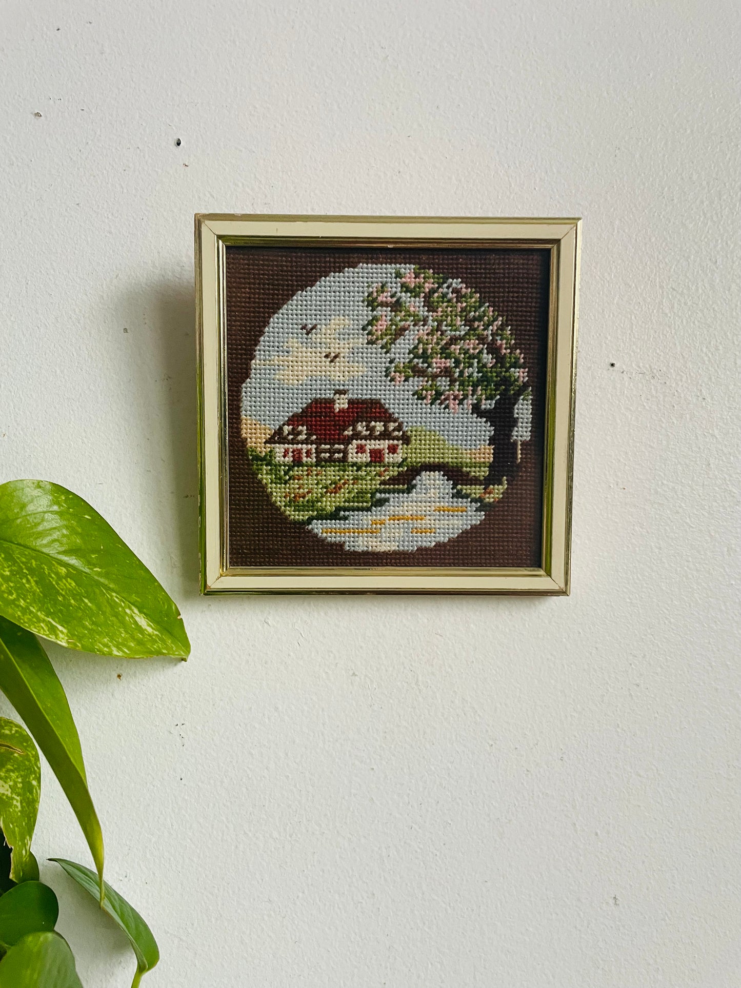 Vintage Mini Needlepoint Embroidery Picture in Square Frame - Spring Season - Red Roof House Beside River with Cherry Blossoms