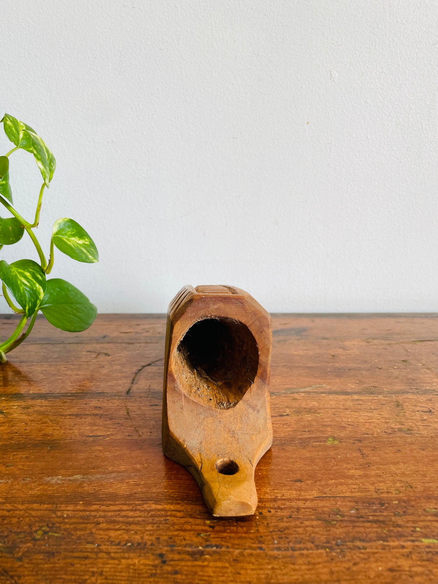 Vintage Hand Carved Wood Wall Pocket Vase with Flower & Stripe Design