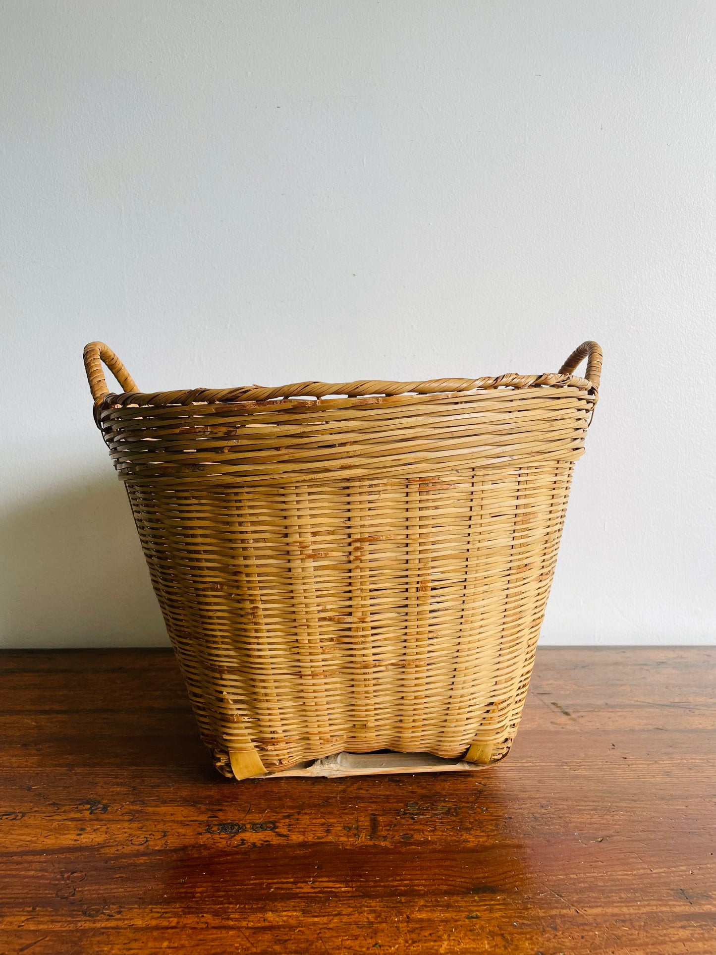 Large Wicker & Bamboo Square Base Basket with Handles - Makes a Great Plant Holder!