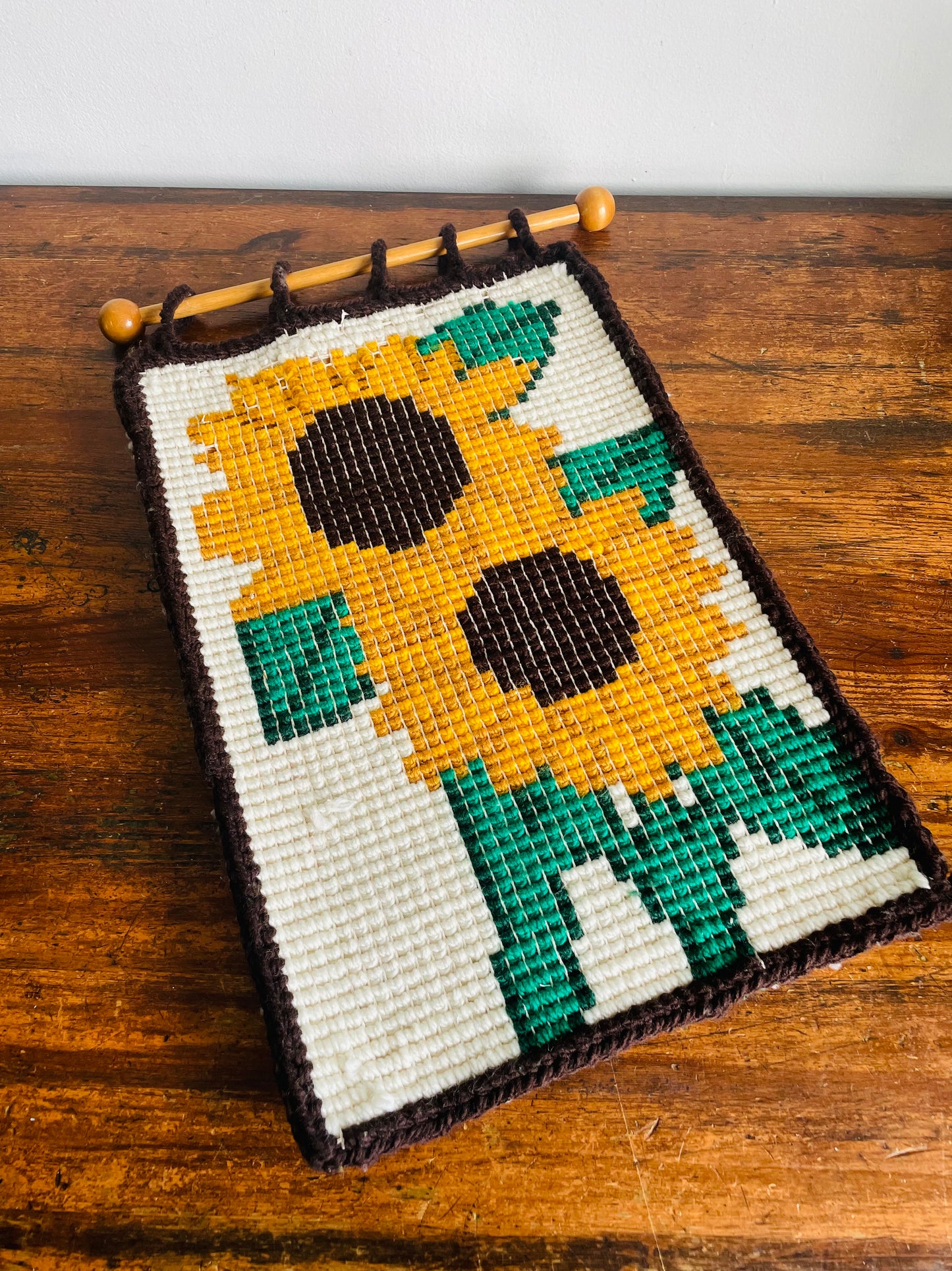Vintage 1970s Cheerful Sunflowers Latch Hook Rug Wall Hanging Textile on Wood Dowel