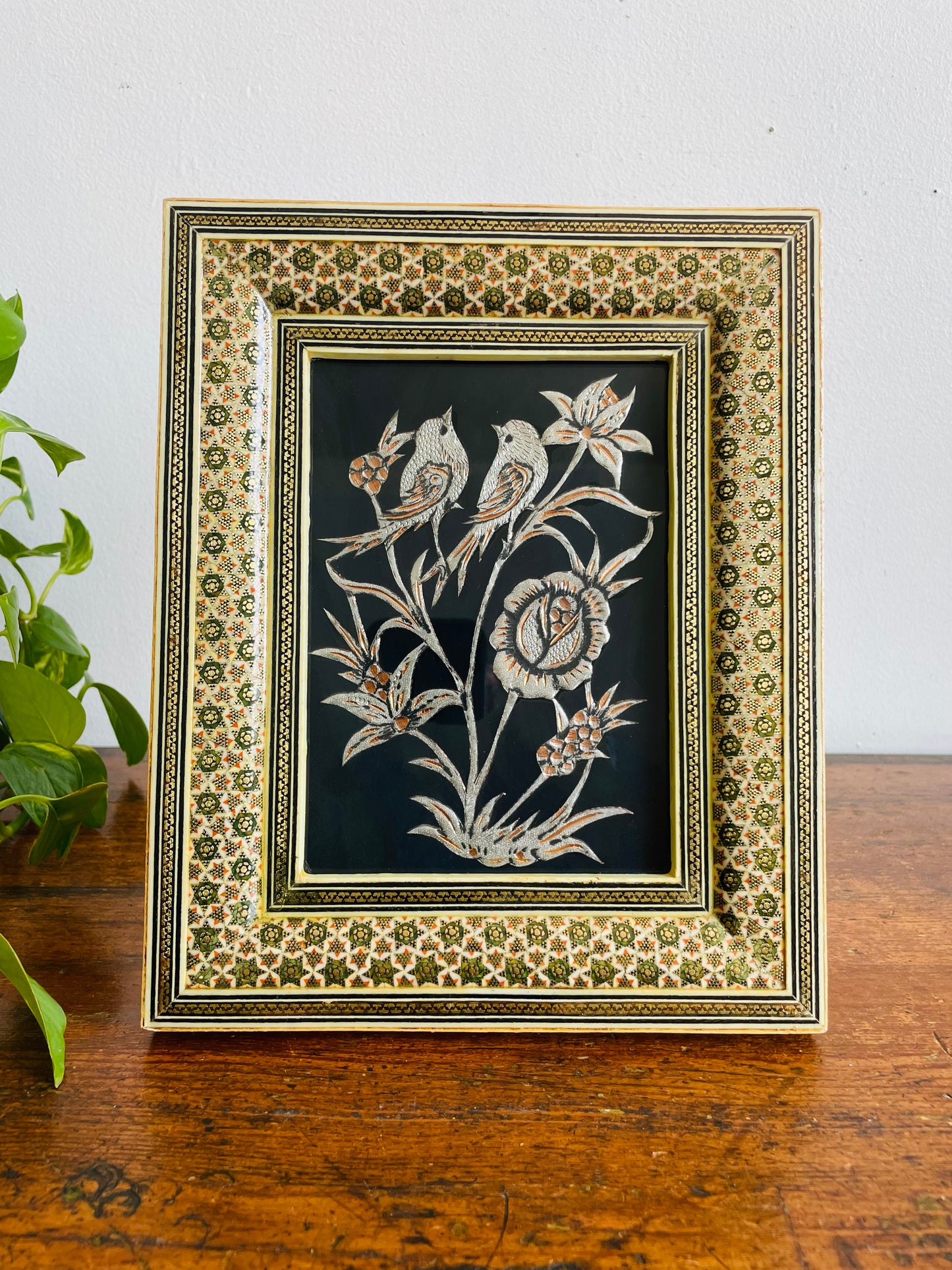 Vintage Persian Khatam Kari Marquetry Frame with Handcrafted Copper & Silver Inlay Picture of Birds & Flowers - Easel Backing