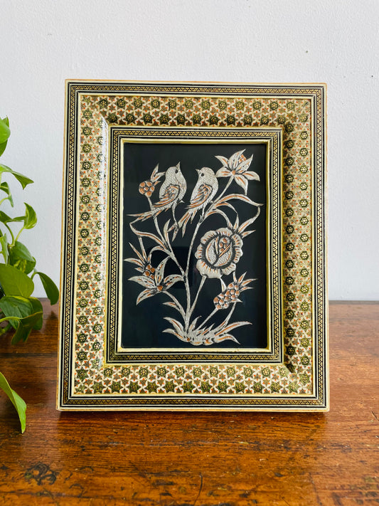 Vintage Persian Khatam Kari Marquetry Frame with Handcrafted Copper & Silver Inlay Picture of Birds & Flowers - Easel Backing