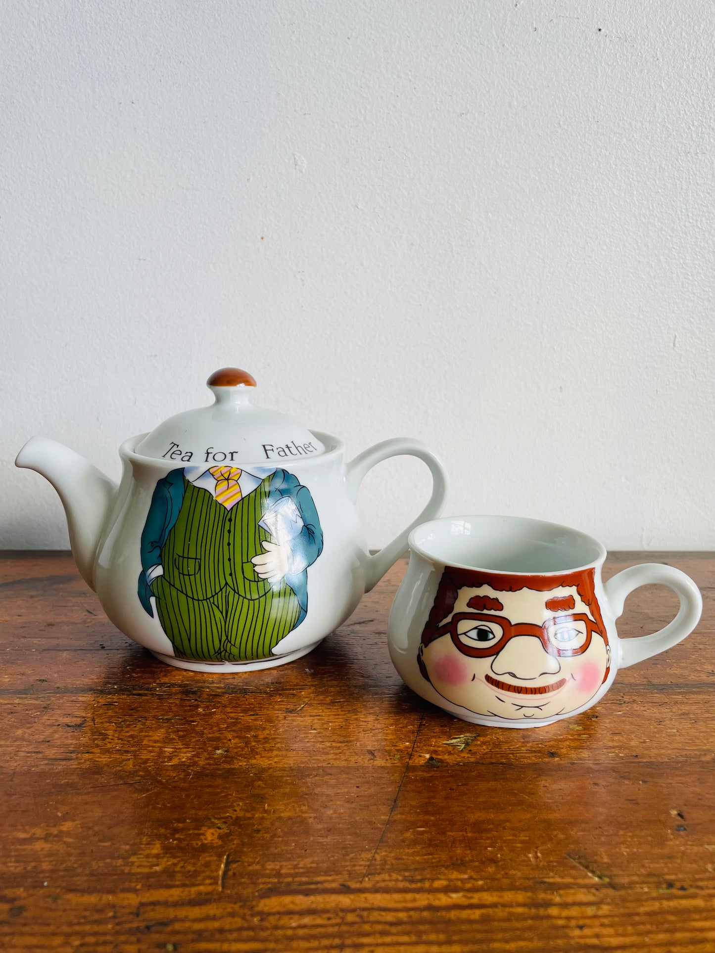 Vintage Tea For Father Stacking Teapot with Mug - Made in Korea - Set of 3 Pieces